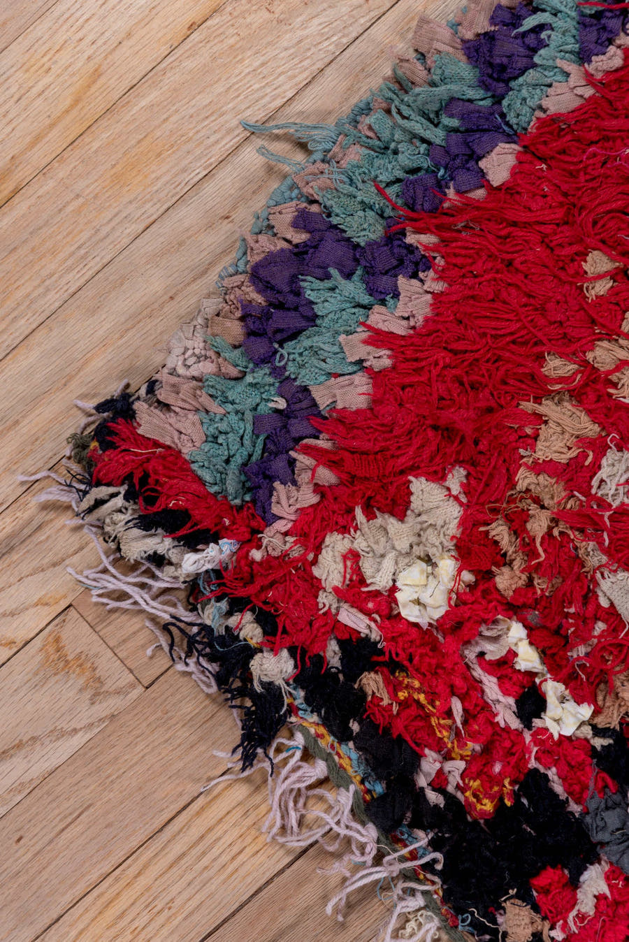 4' x 6' one-of-a-kind handmade vintage Moroccan small size rug. Color palette: crimson, ivory, charcoal, teal, pink, gray