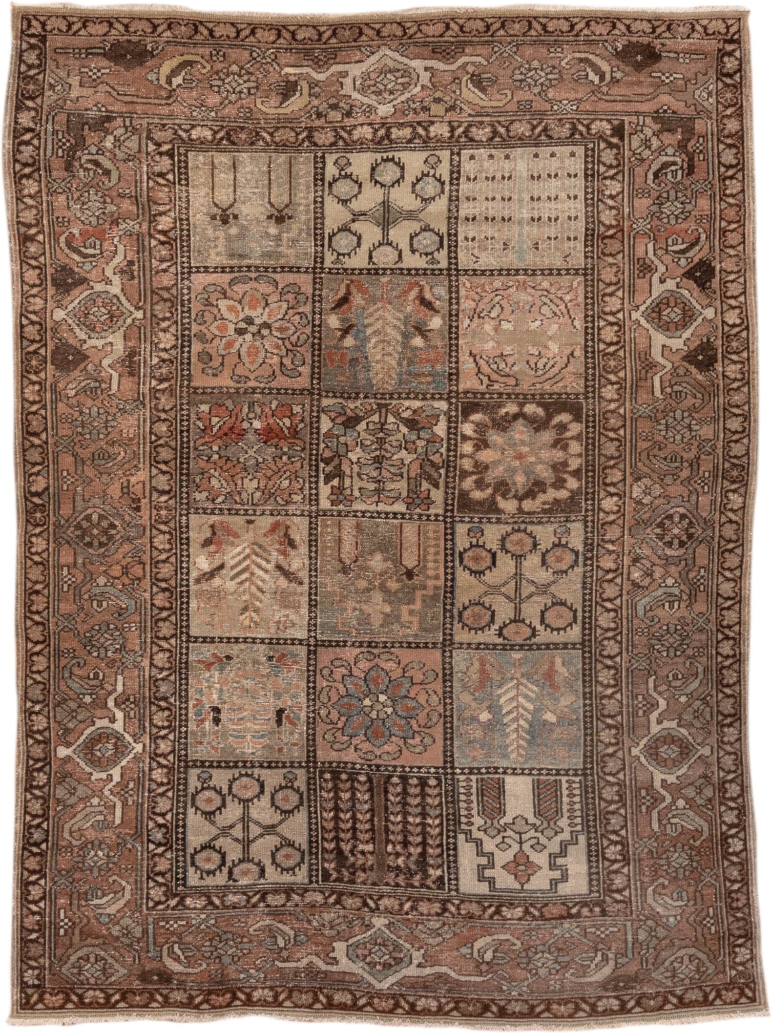4' x 6' one-of-a-kind handmade antique Baktiary small size rug. Color palette: taupe, rose, brown, ivory, muted blue