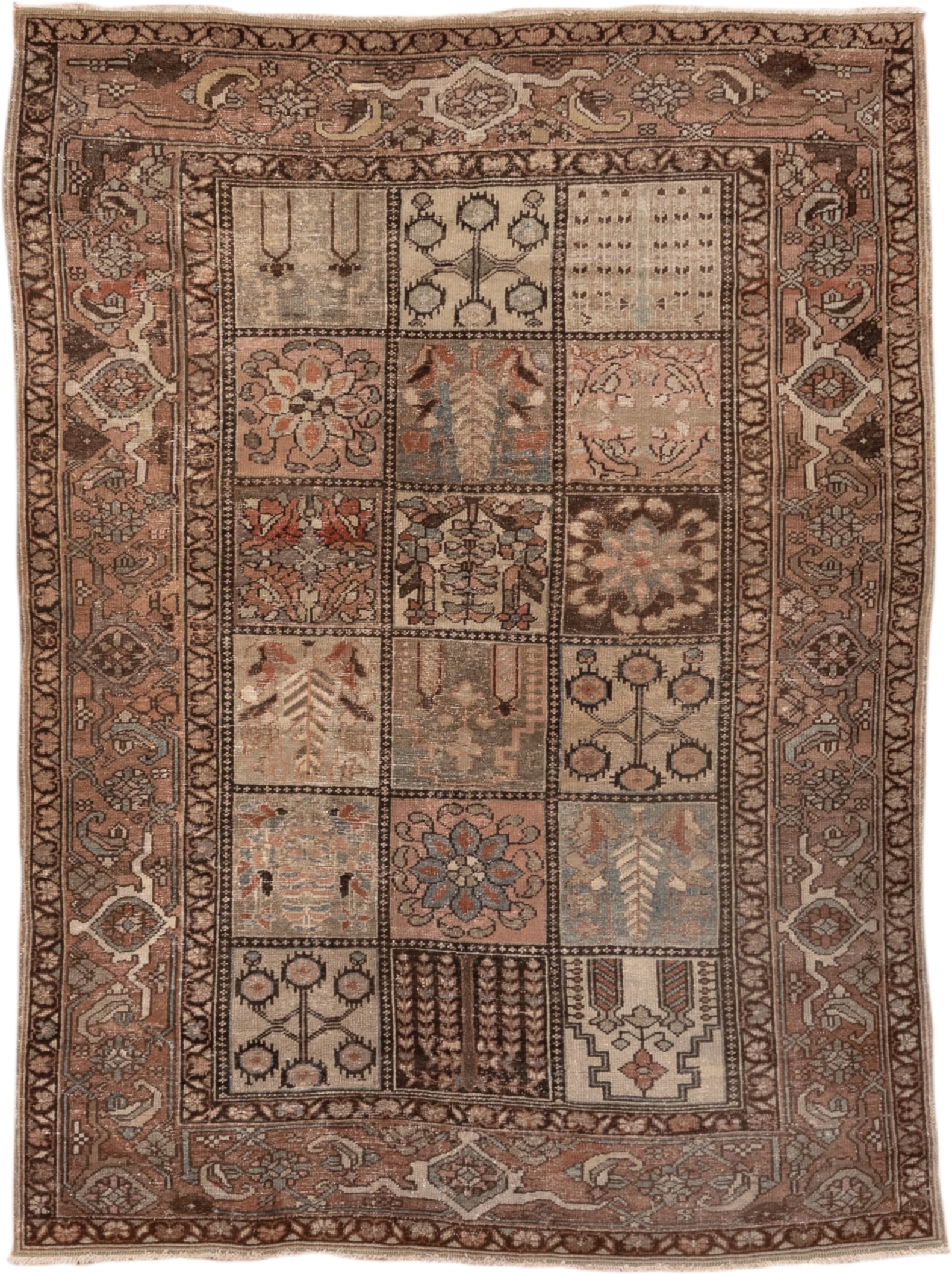 4' x 6' one-of-a-kind handmade antique Baktiary small size rug. Color palette: taupe, rose, brown, ivory, muted blue