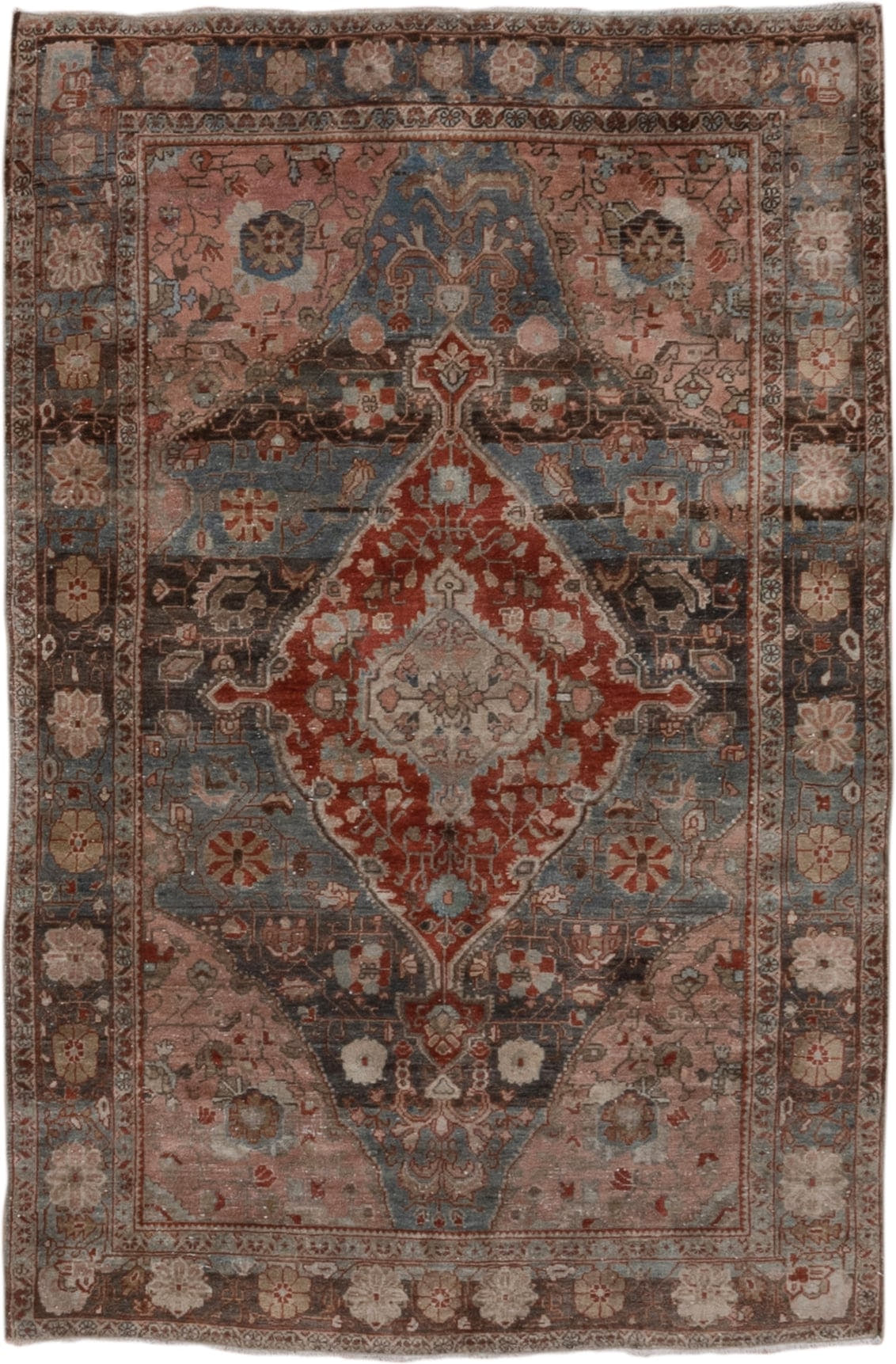 4' x 6' one-of-a-kind handmade antique Sarouk small size rug. Color palette: rose, slate, rust, ivory, charcoal, taupe