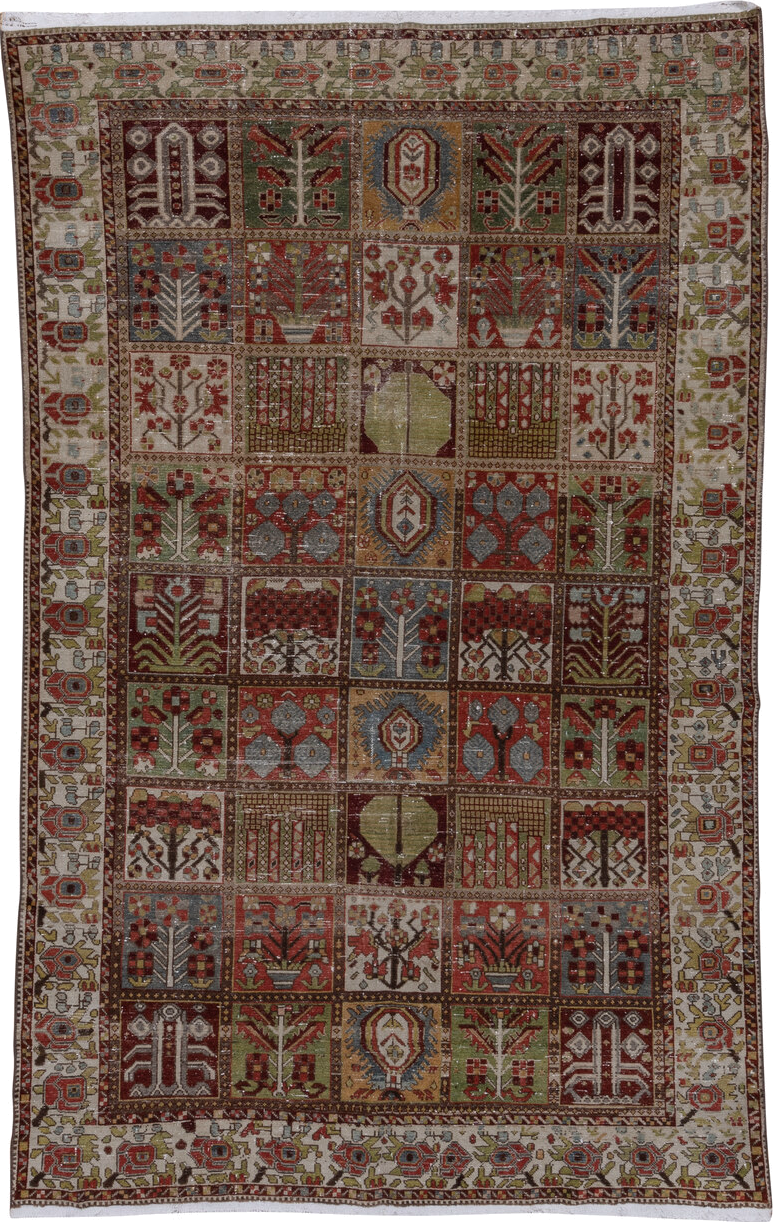 6' x 10' one-of-a-kind handmade antique Baktiary large size rug. Color palette: ivory, rust, olive, burgundy, blue, taupe
