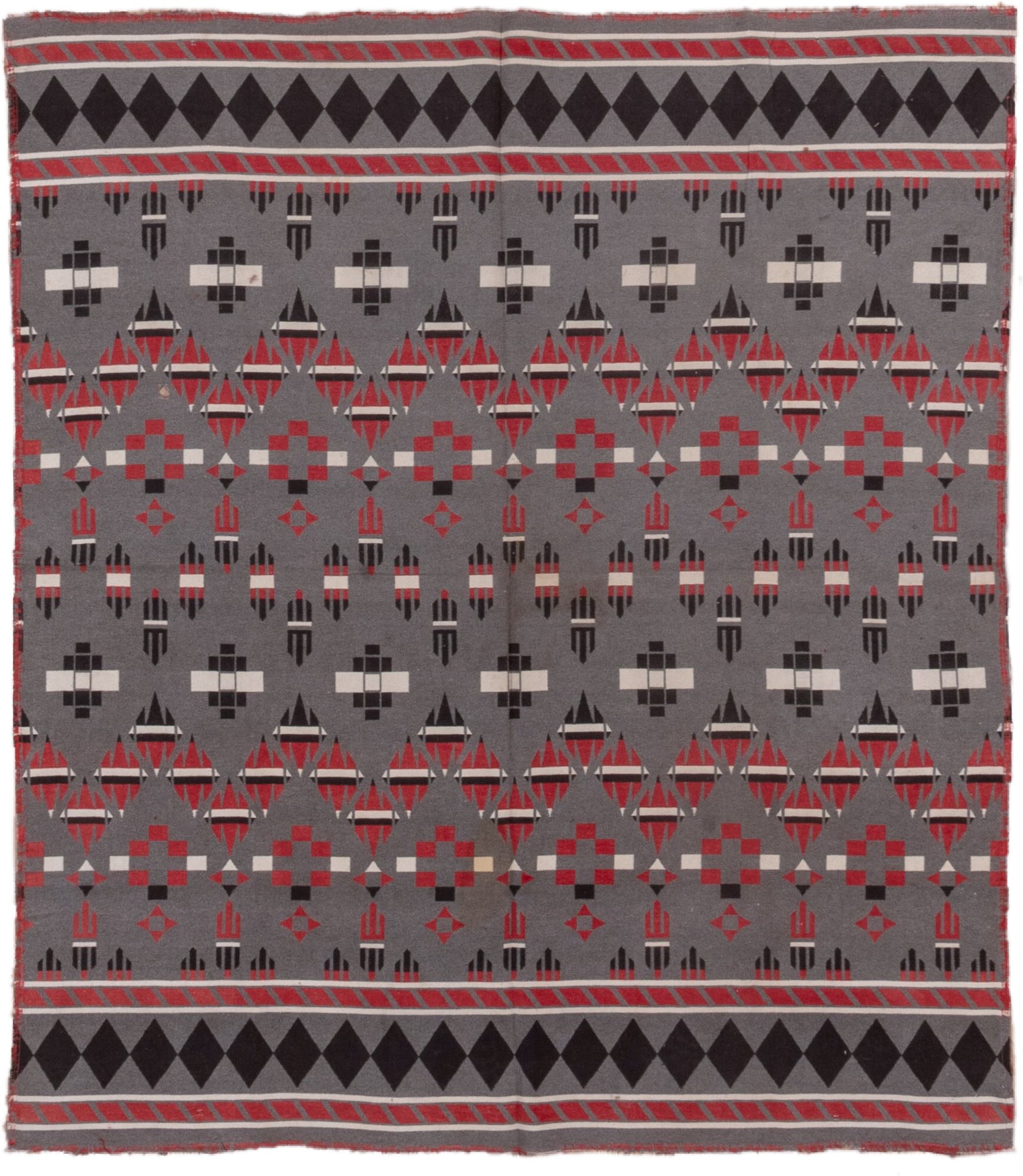 5' x 6' one-of-a-kind handmade vintage Blanket rug. Color palette: gray, charcoal, crimson, ivory, taupe, black, red, beige