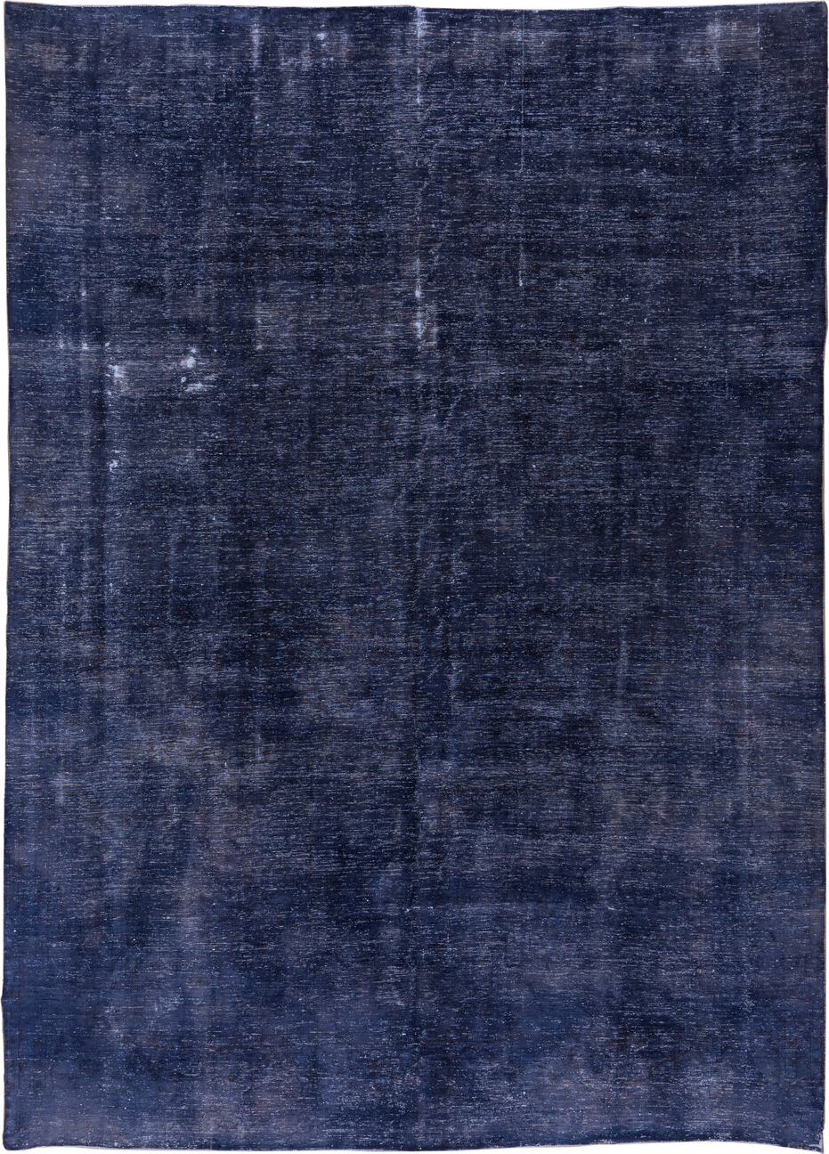 9' x 13' one-of-a-kind handmade vintage Overdyed large size rug. Color palette: indigo, navy, slate, charcoal, ivory, purple