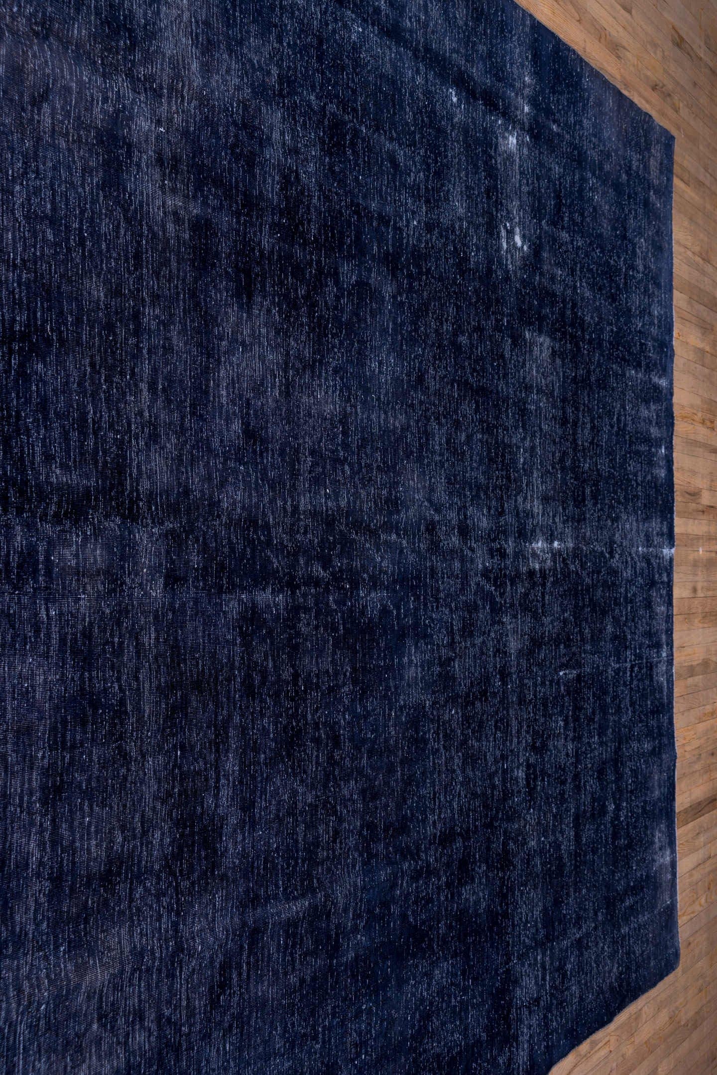 9' x 13' one-of-a-kind handmade vintage Overdyed large size rug. Color palette: indigo, navy, slate, charcoal, ivory, purple