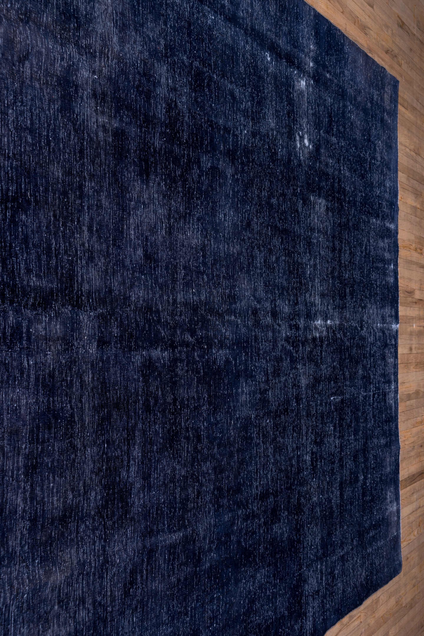 9' x 13' one-of-a-kind handmade vintage Overdyed large size rug. Color palette: indigo, navy, slate, charcoal, ivory, purple