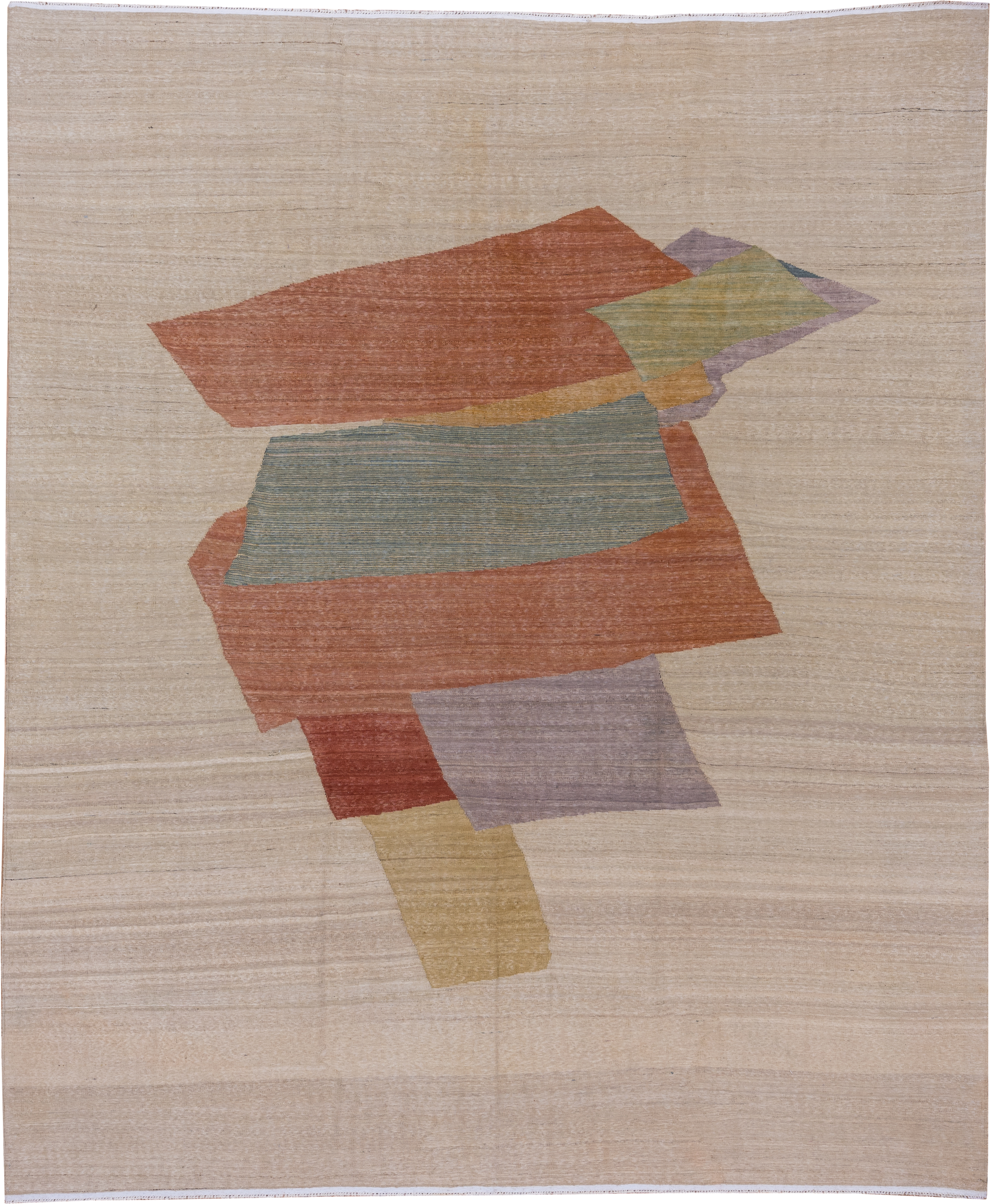 8' x 9' one-of-a-kind handmade vintage Kilim rug. Color palette: ivory, rust, sage, lavender, gold, brick, taupe, terracotta