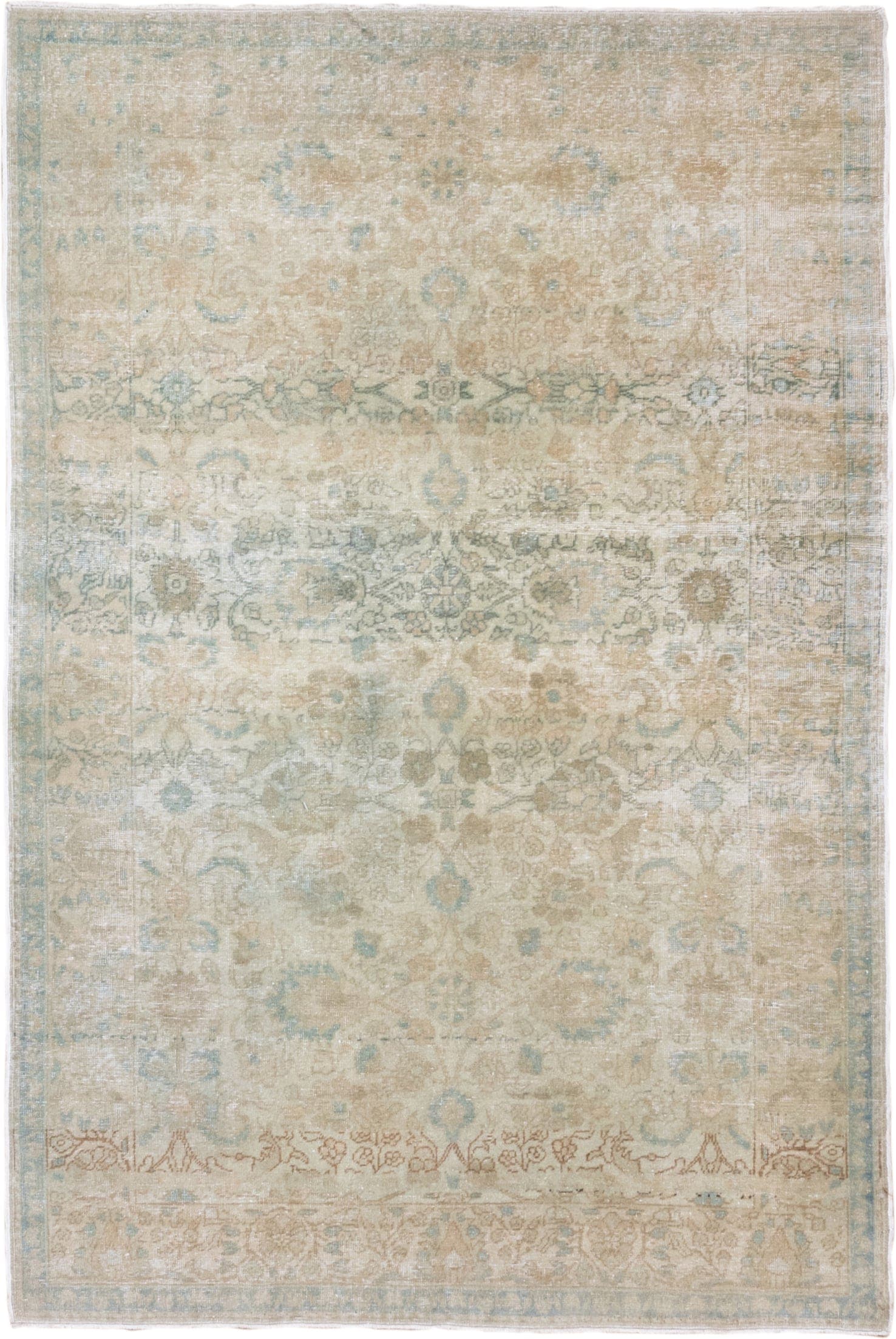 4' x 6' one-of-a-kind handmade antique Sivas small size rug. Color palette: ivory, pale blue, beige, taupe, terra cotta