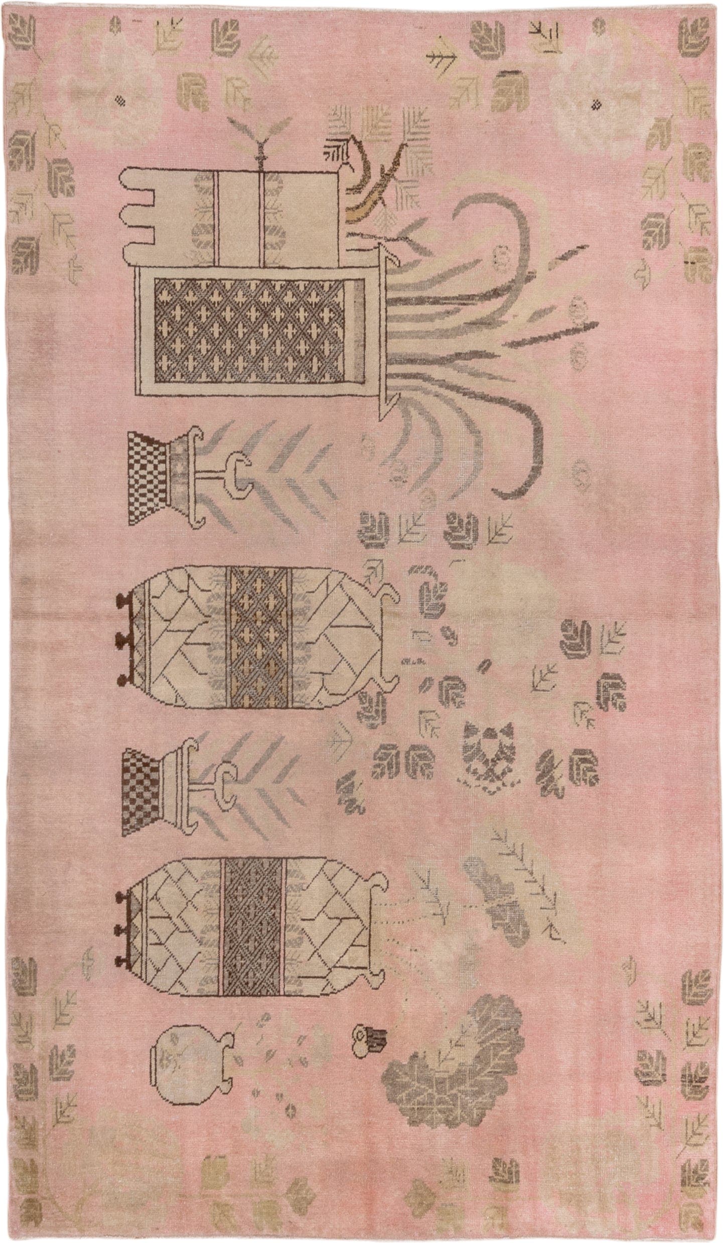 4' x 7' one-of-a-kind handmade antique Khotan rug. Color palette: rose, taupe, ivory, olive, beige, charcoal, pink, red