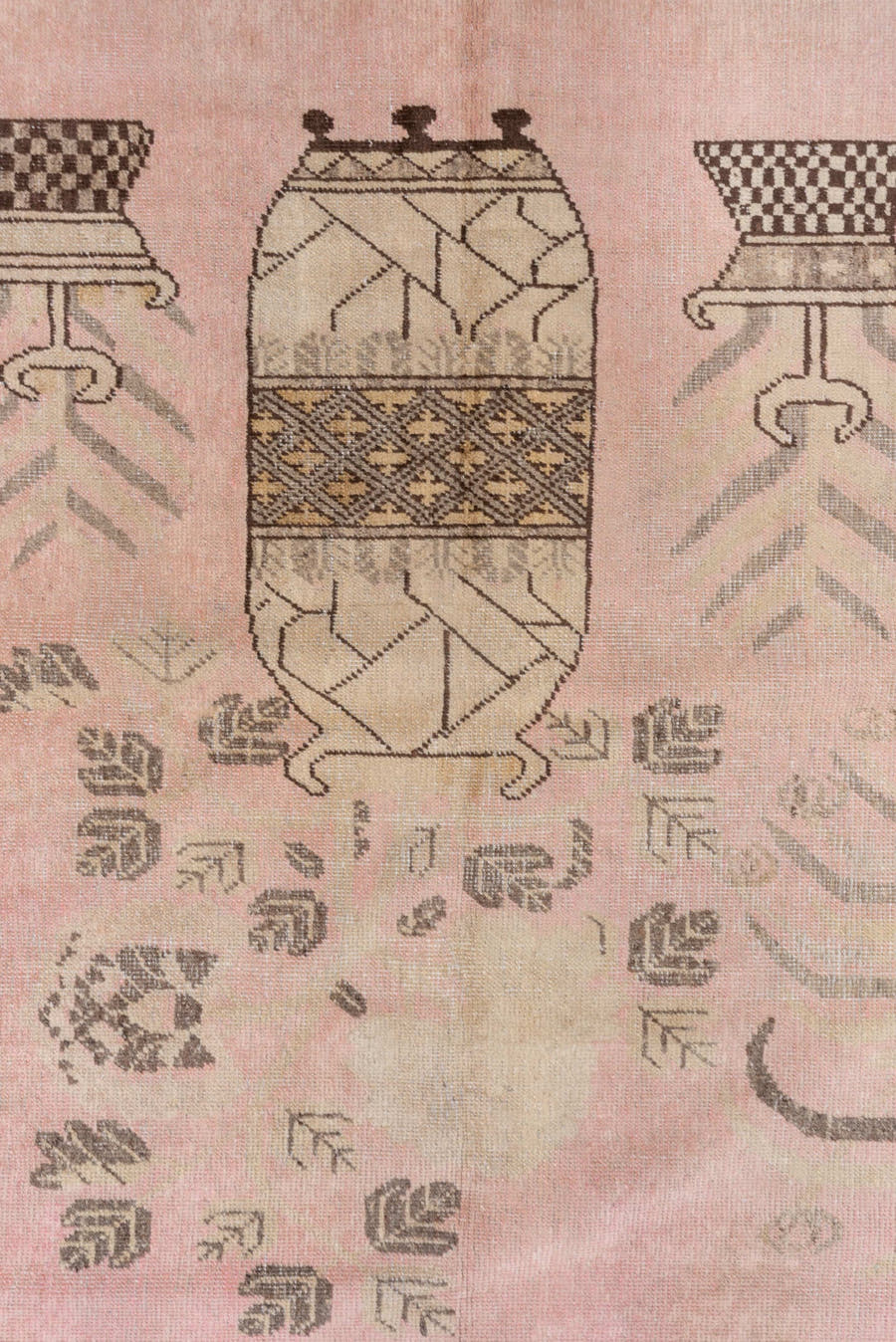 4' x 7' one-of-a-kind handmade antique Khotan rug. Color palette: rose, taupe, ivory, olive, beige, charcoal, pink, red