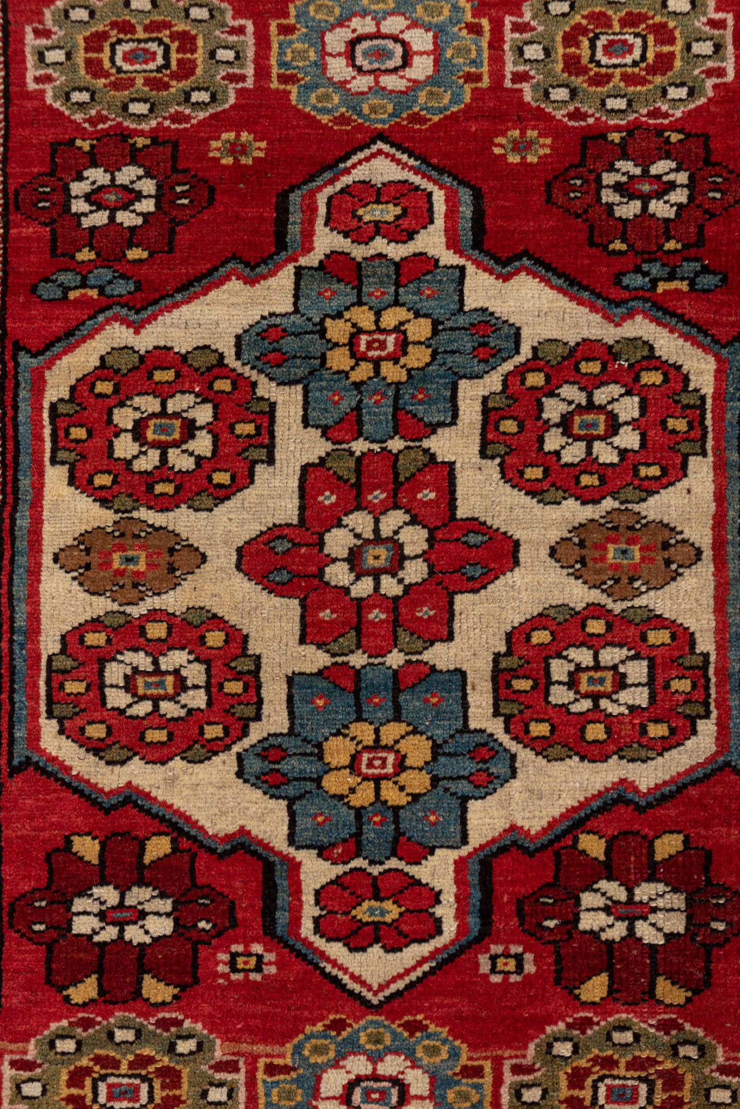 4' x 5' one-of-a-kind handmade antique NW Persian small size rug. Color palette: red, ivory, blue, burgundy, gold, camel