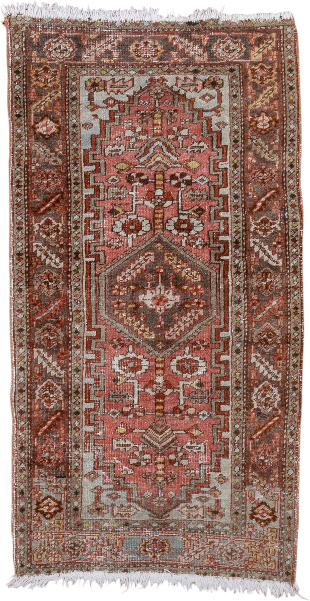 3' x 5' one-of-a-kind handmade antique Heriz small size rug. Color palette: rose, rust, ivory, taupe, brown, terracotta
