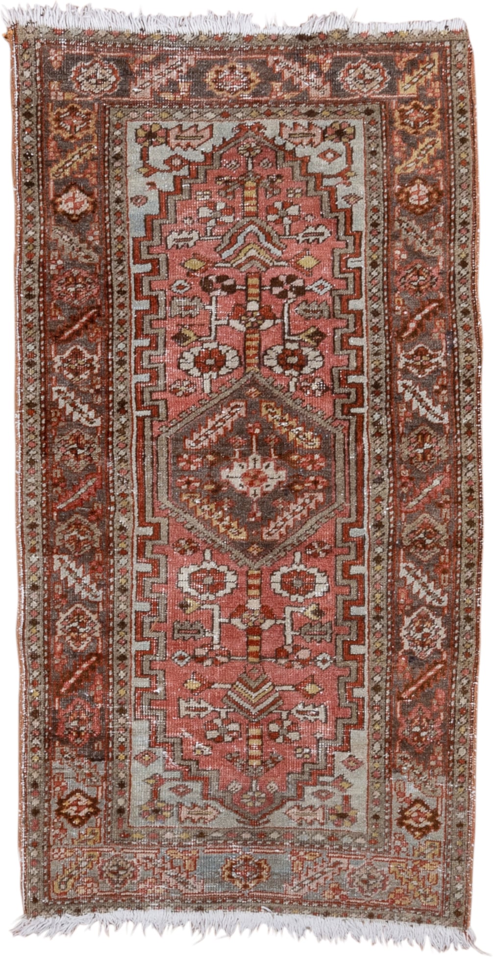 3' x 5' one-of-a-kind handmade antique Heriz small size rug. Color palette: rose, rust, ivory, taupe, brown, terracotta