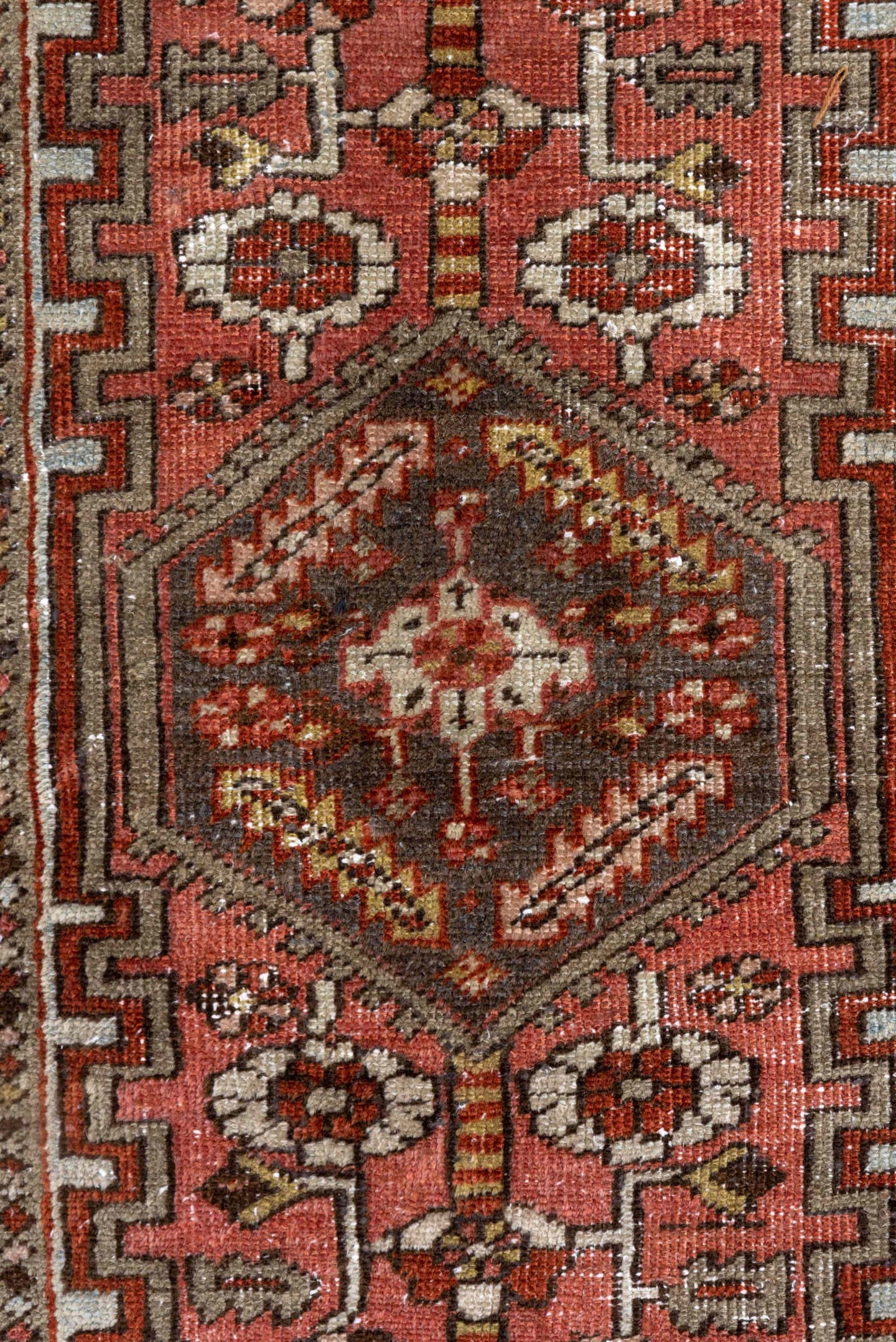 3' x 5' one-of-a-kind handmade antique Heriz small size rug. Color palette: rose, rust, ivory, taupe, brown, terracotta
