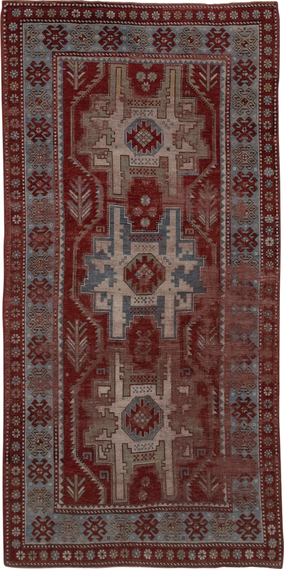 4' x 9' one-of-a-kind handmade vintage Kazak runner rug. Color palette: brown, dim gray, gray, light gray, pink, red