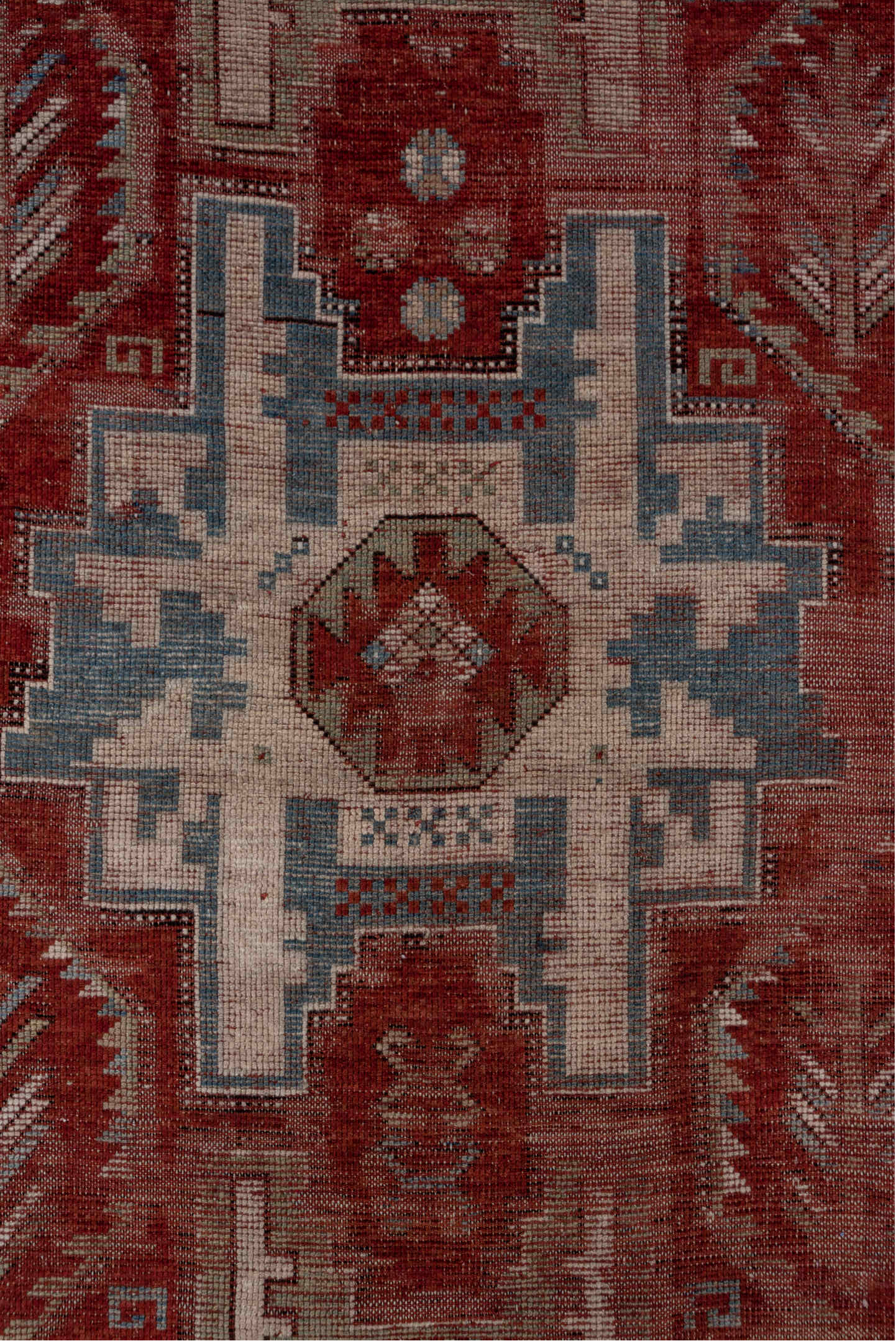 4' x 9' one-of-a-kind handmade vintage Kazak runner rug. Color palette: brown, dim gray, gray, light gray, pink, red