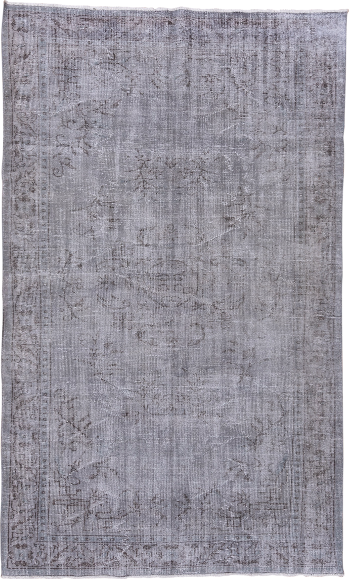 5' x 9' one-of-a-kind handmade vintage Overdyed medium size rug. Color palette: gray, taupe, charcoal, ivory, beige, black