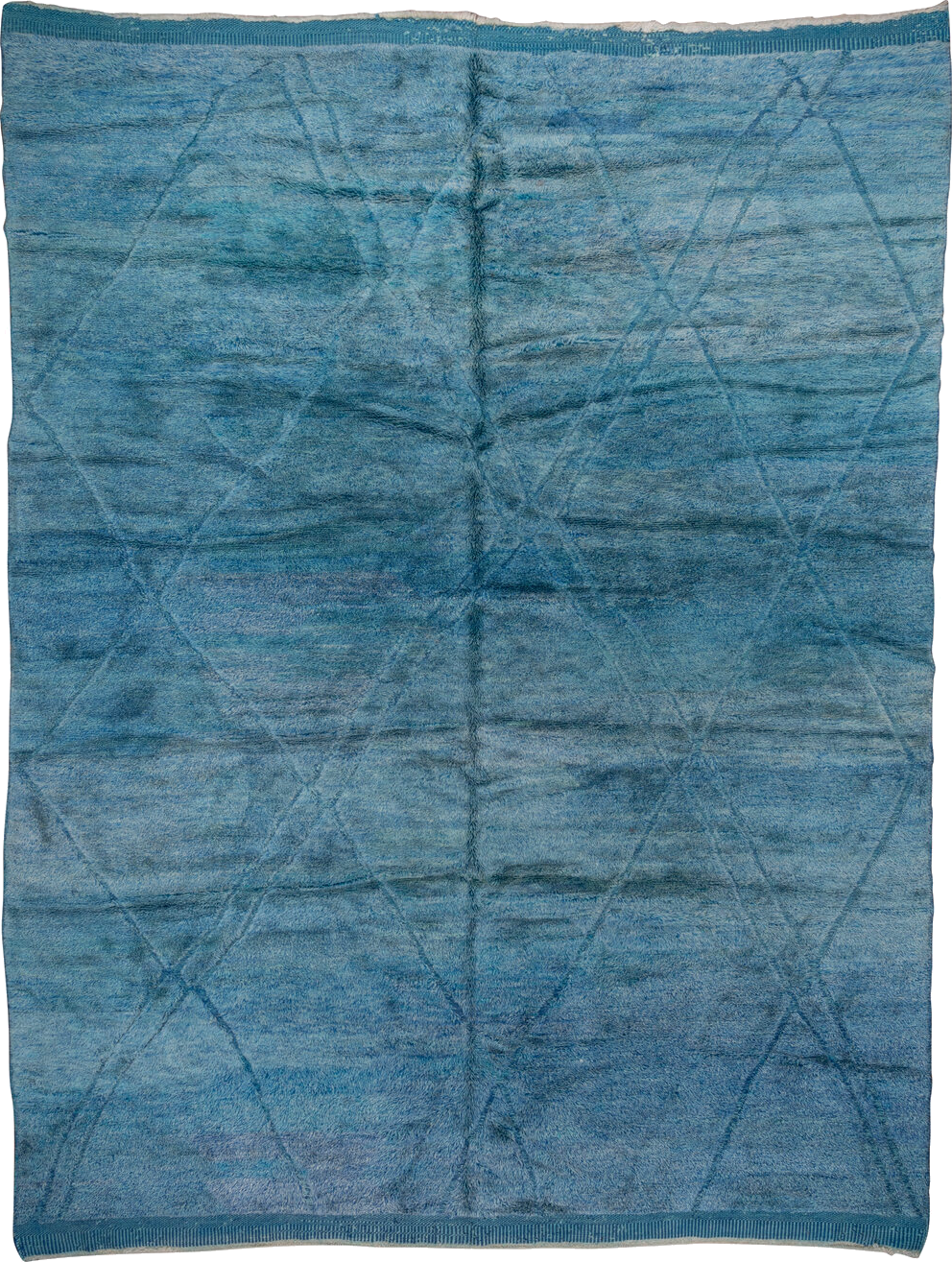 10' x 13' one-of-a-kind handmade vintage Moroccan large size rug. Color palette: arapawa, blue, dark gray, gray, light blue