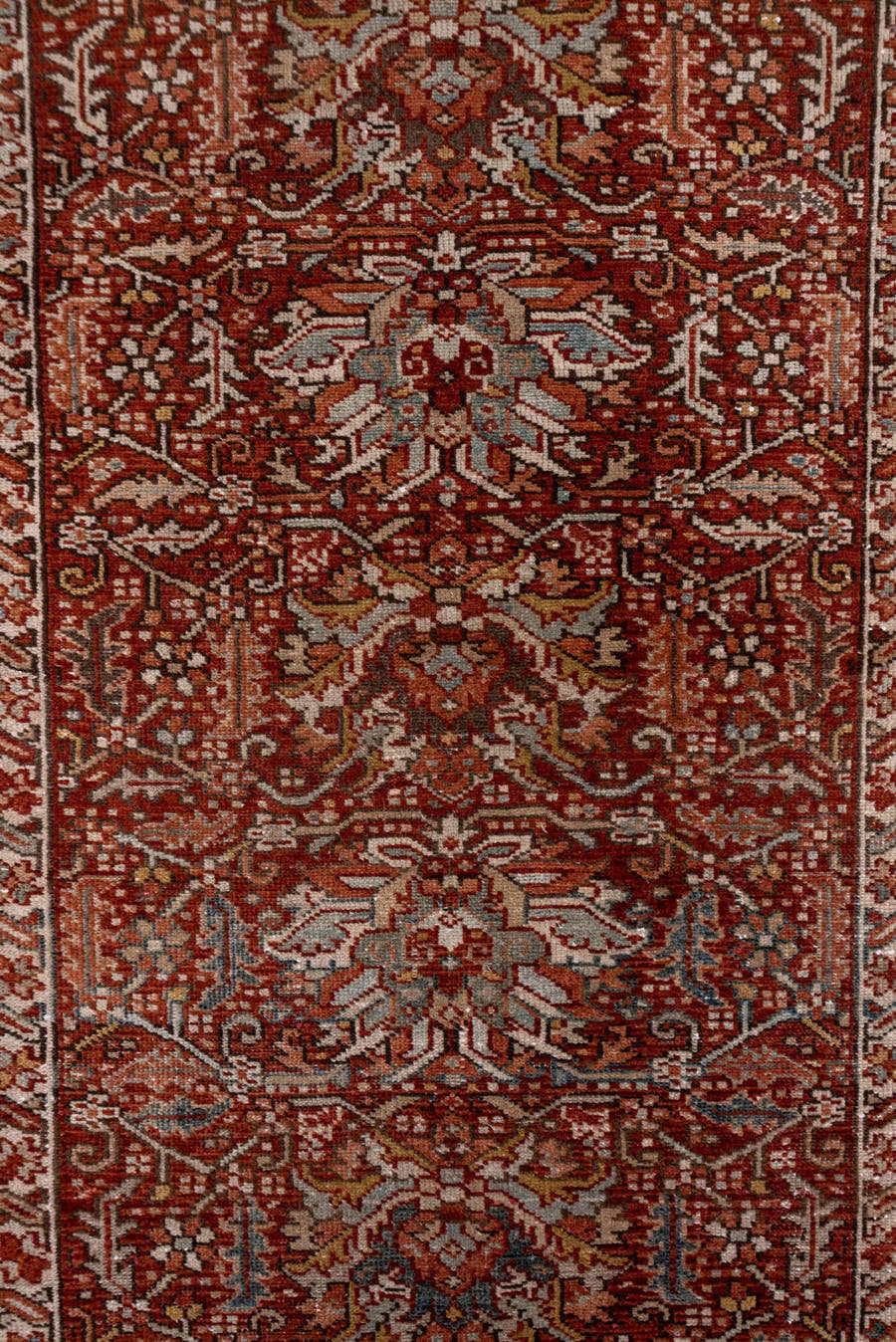 3' x 11' one-of-a-kind handmade antique Karaje runner rug. Color palette: rust, ivory, terra cotta, camel, brown, slate blue
