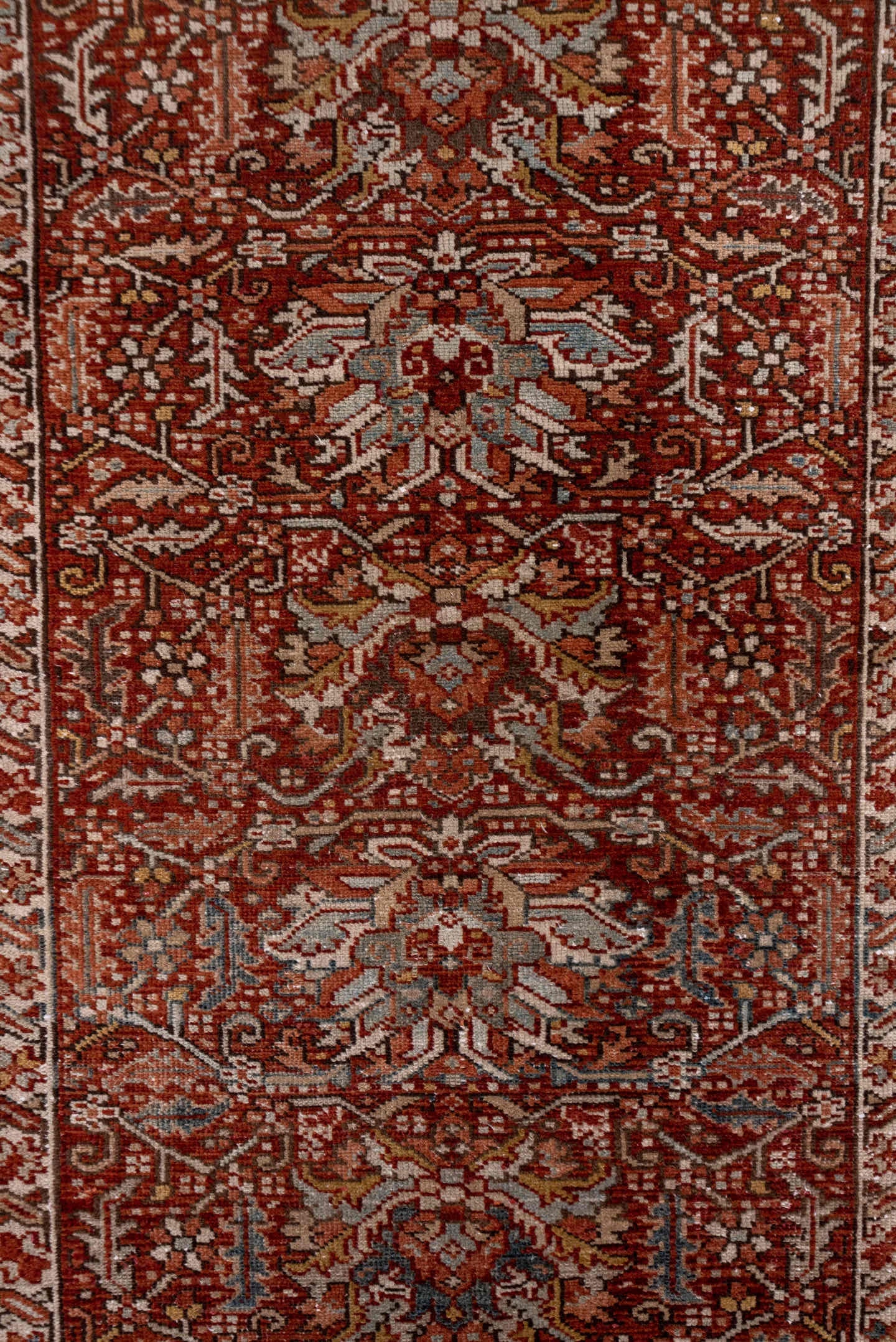 3' x 11' one-of-a-kind handmade antique Karaje runner rug. Color palette: rust, ivory, terra cotta, camel, brown, slate blue
