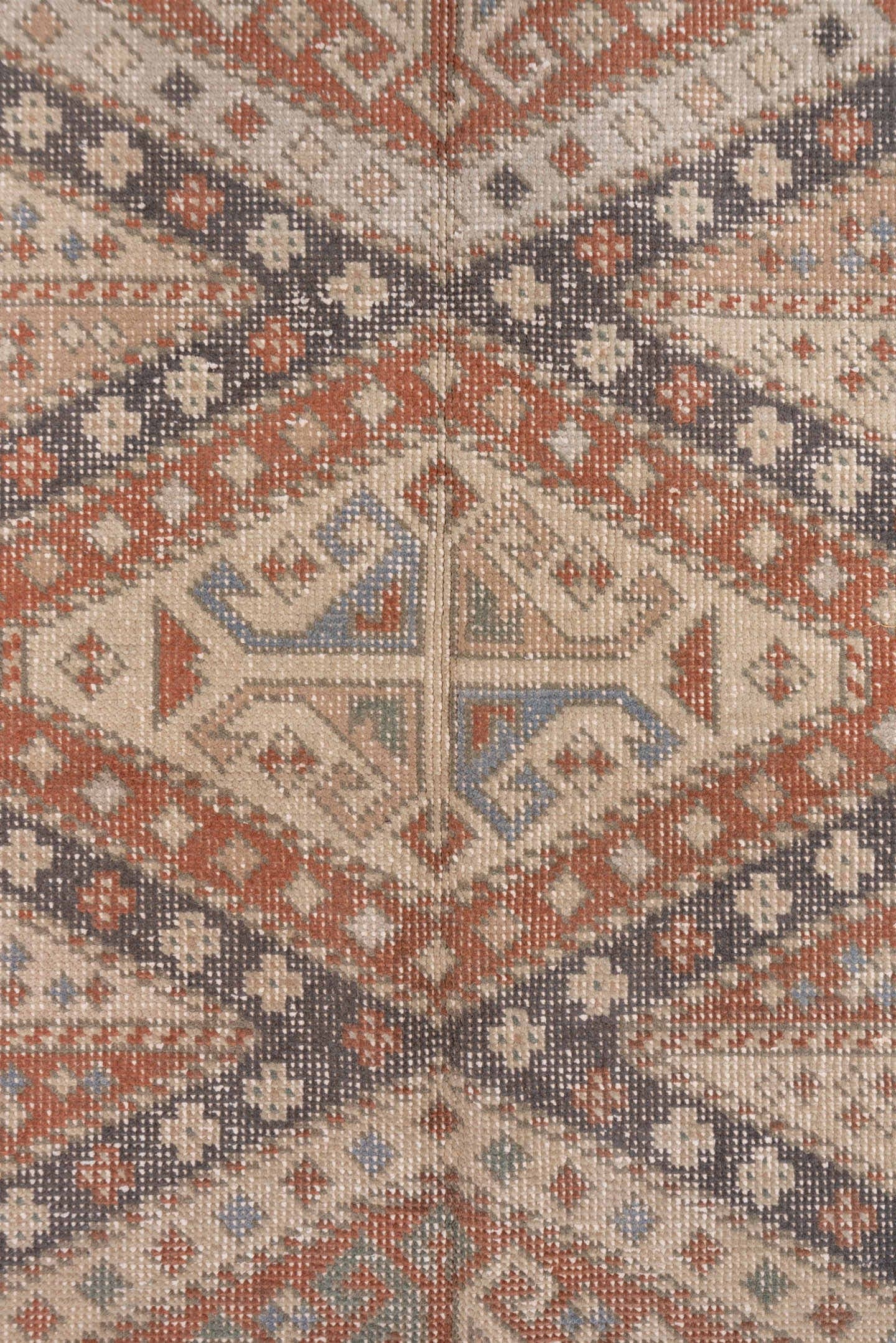 6' x 8' one-of-a-kind handmade antique Sparta medium size rug. Color palette: ivory, rust, brown, slate, taupe, charcoal