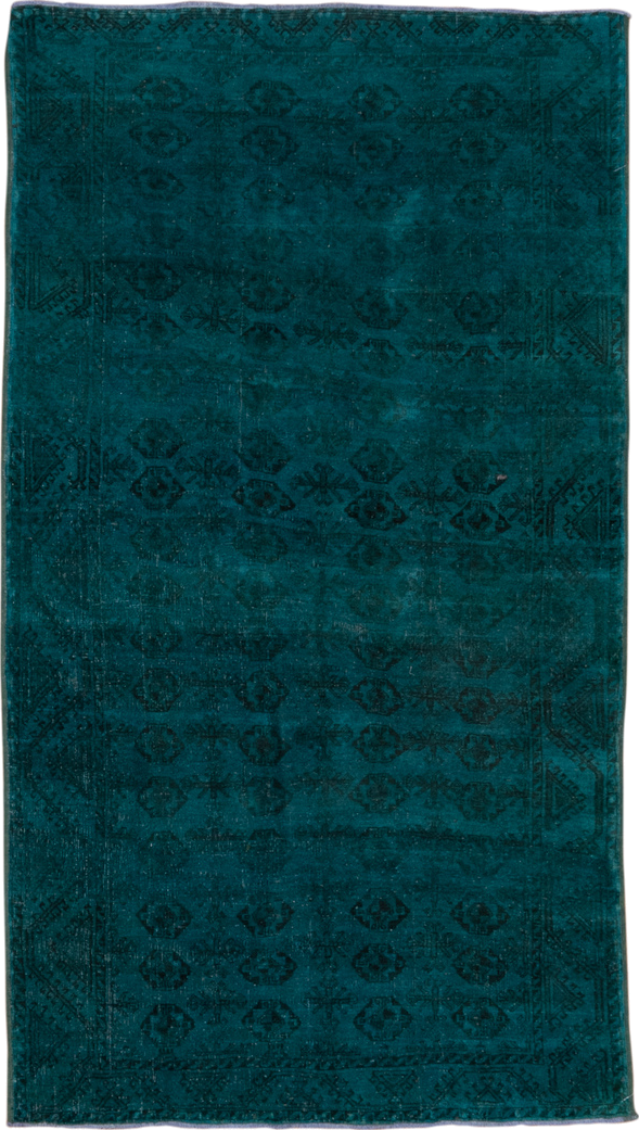 4' x 7' one-of-a-kind handmade antique Overdyed rug. Color palette: teal, peacock, charcoal, gray, black