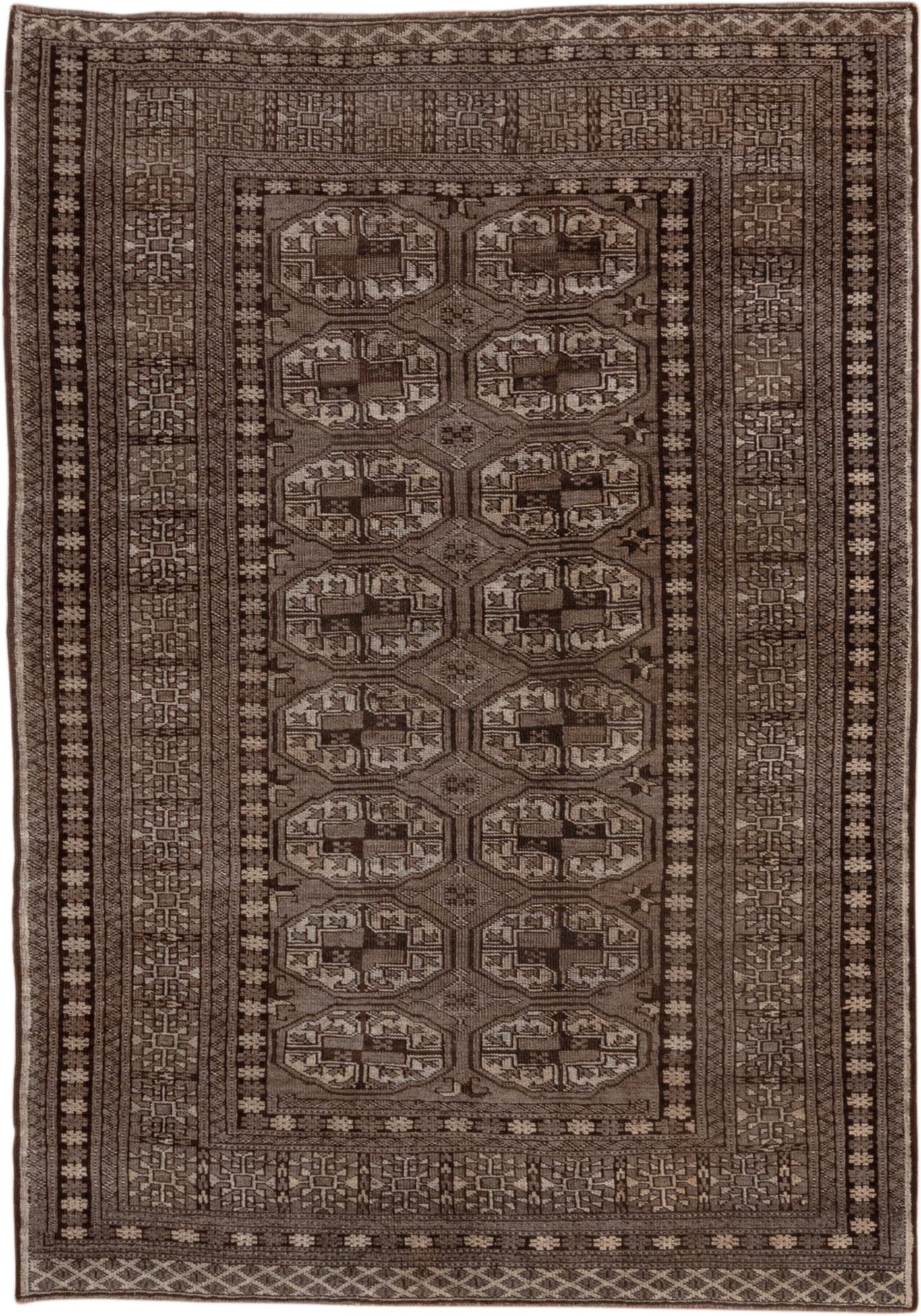 4' x 6' one-of-a-kind handmade antique Afghan small size rug. Color palette: brown, taupe, ivory, camel, charcoal, beige