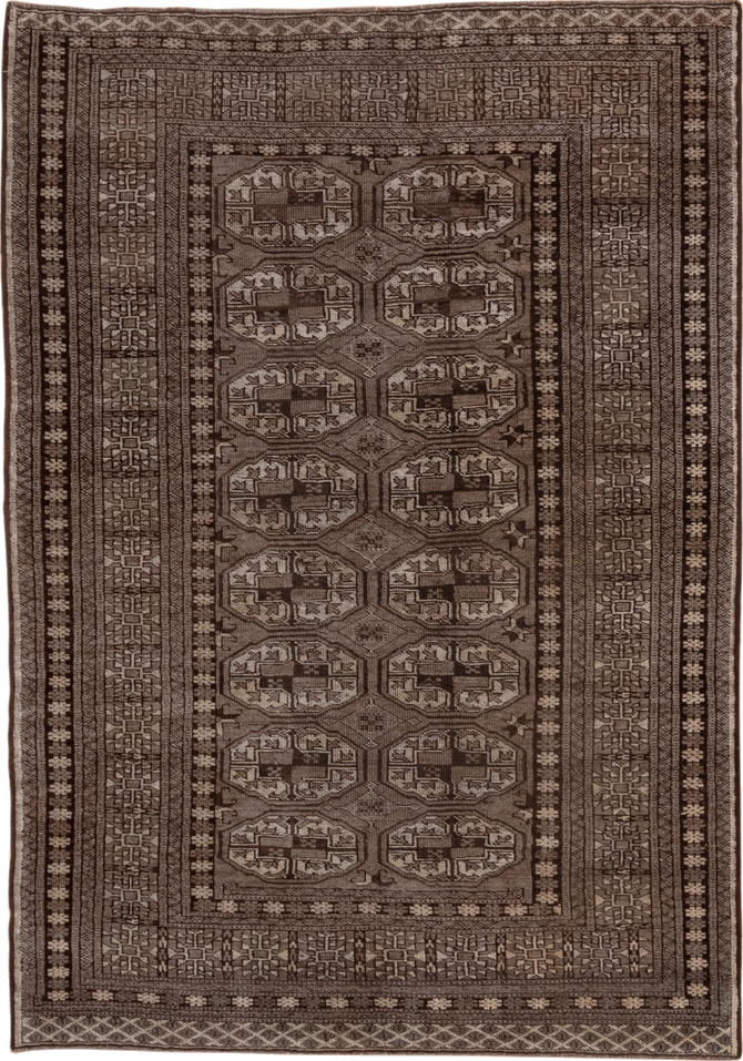 4' x 6' one-of-a-kind handmade vintage Afghan small size rug. Color palette: brown, gray, pink