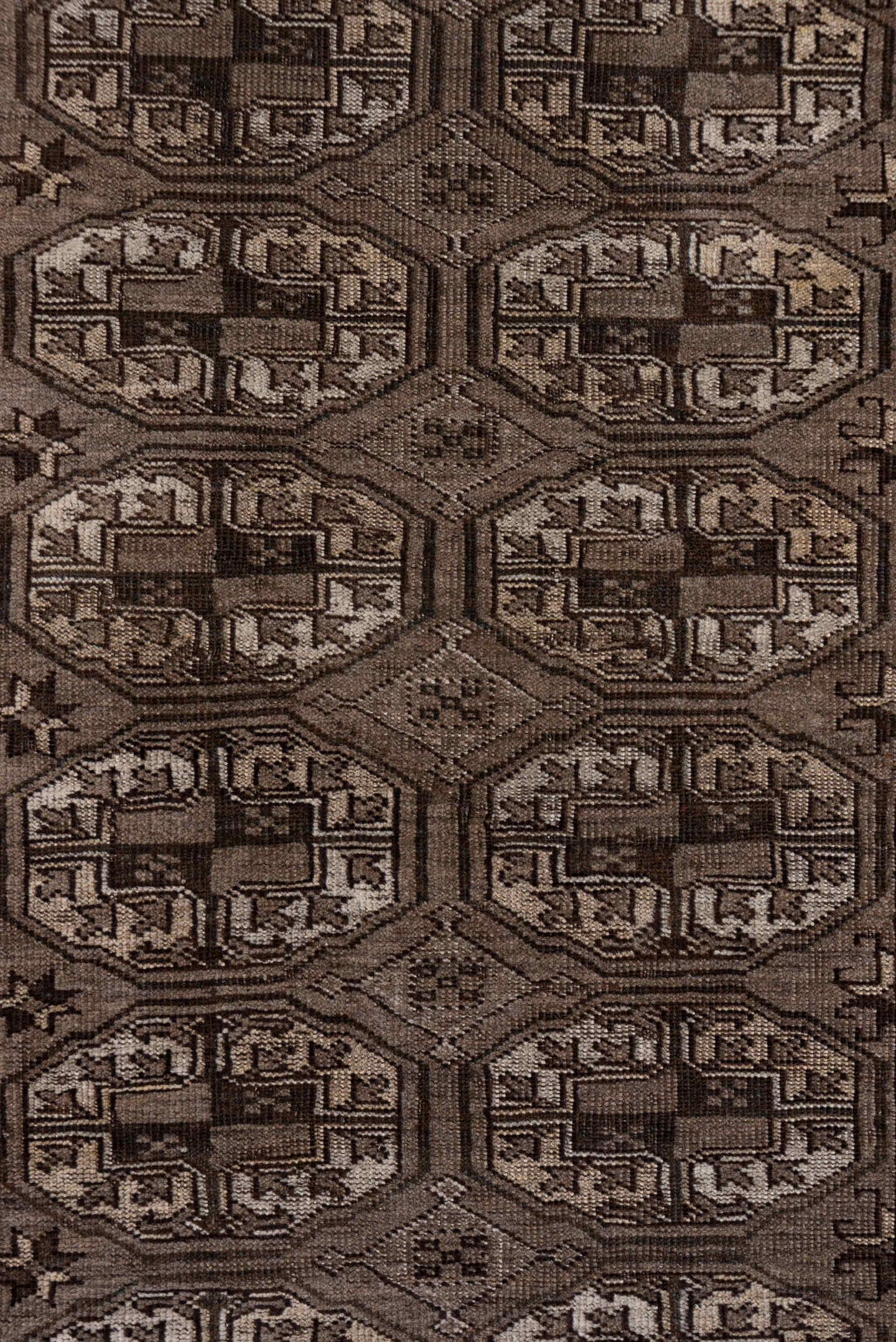 4' x 6' one-of-a-kind handmade antique Afghan small size rug. Color palette: brown, taupe, ivory, camel, charcoal, beige