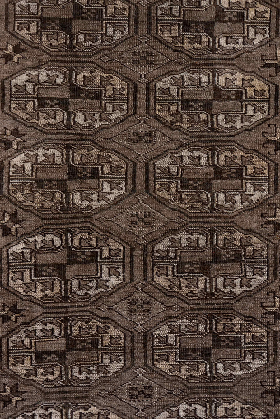 4' x 6' one-of-a-kind handmade antique Afghan small size rug. Color palette: brown, taupe, ivory, camel, charcoal, beige