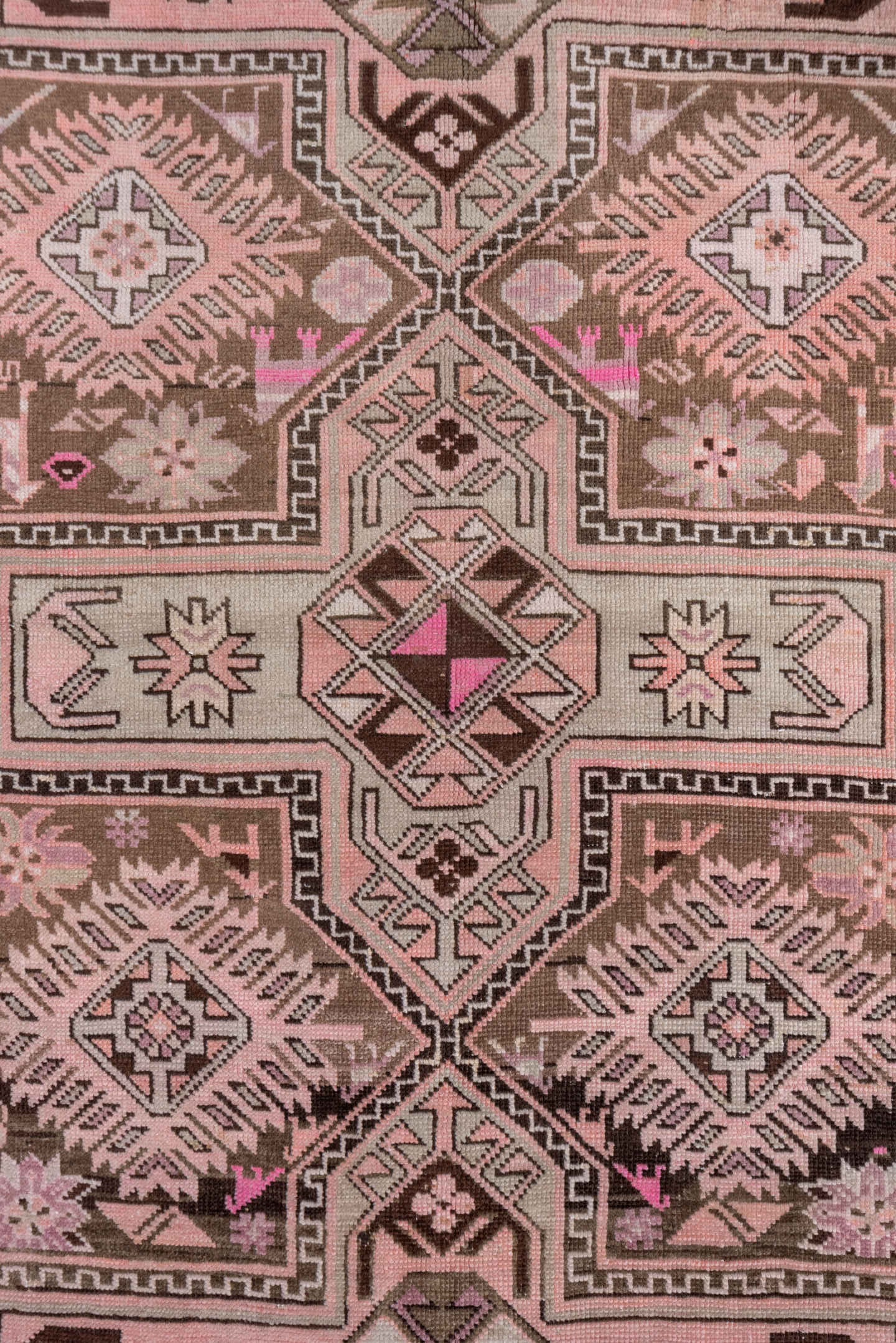 4' x 7' one-of-a-kind handmade antique Karabagh rug. Color palette: taupe, blush, brown, ivory, pink, charcoal, beige, gray