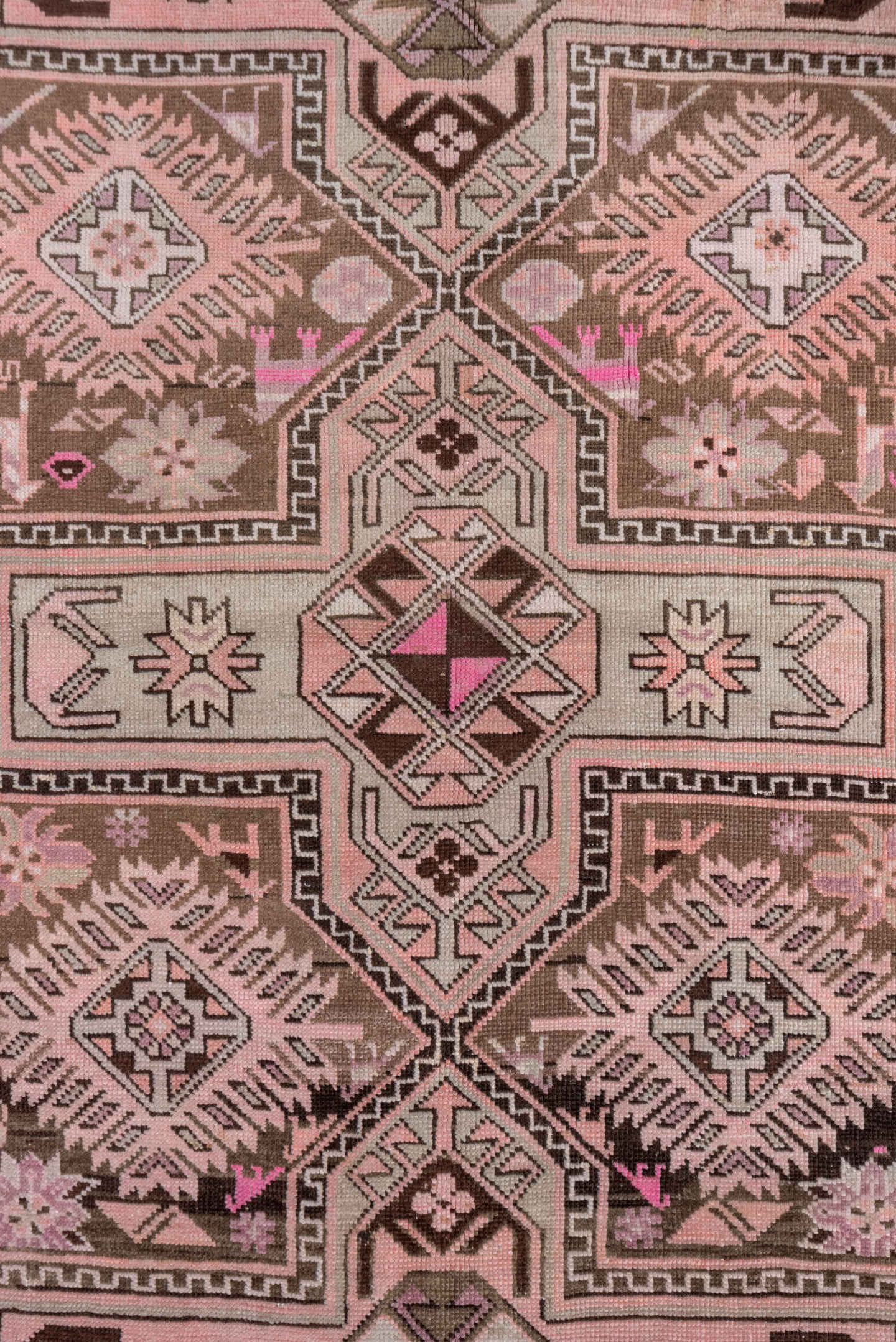 4' x 7' one-of-a-kind handmade antique Karabagh rug. Color palette: taupe, blush, brown, ivory, pink, charcoal, beige, gray