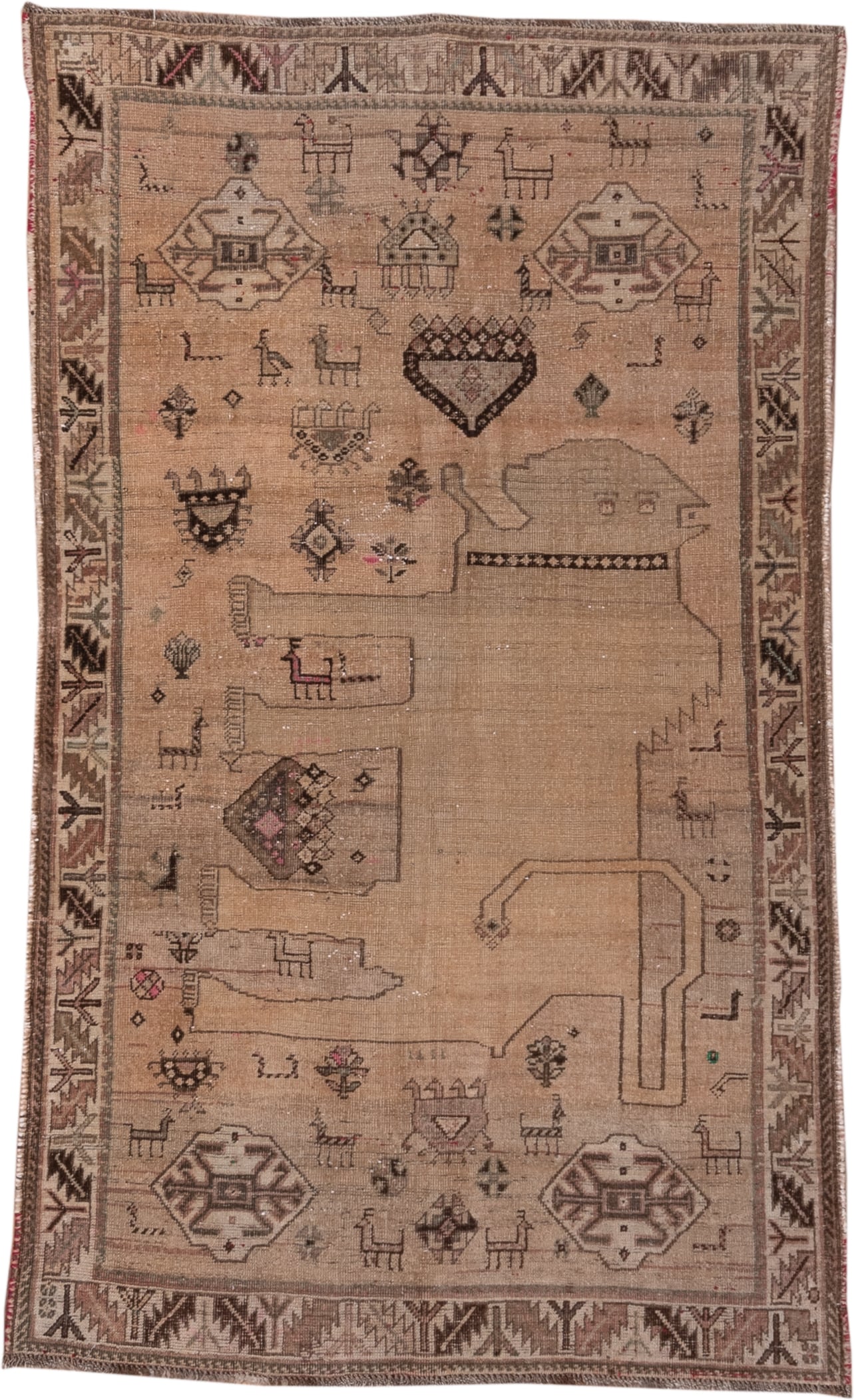 3' x 6' one-of-a-kind handmade antique Gabbe small size rug. Color palette: camel, taupe, brown, rose, ivory, charcoal
