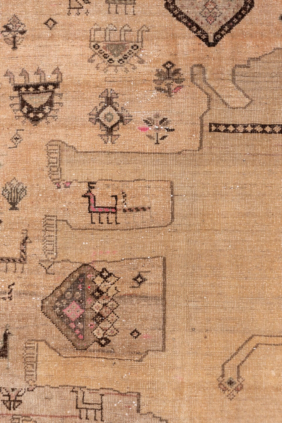 3' x 6' one-of-a-kind handmade antique Gabbe small size rug. Color palette: camel, taupe, brown, rose, ivory, charcoal