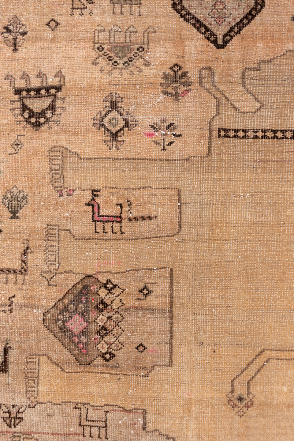 3' x 6' one-of-a-kind handmade vintage Gabbe small size rug. Color palette: brown, gray, light gray, orange, pink