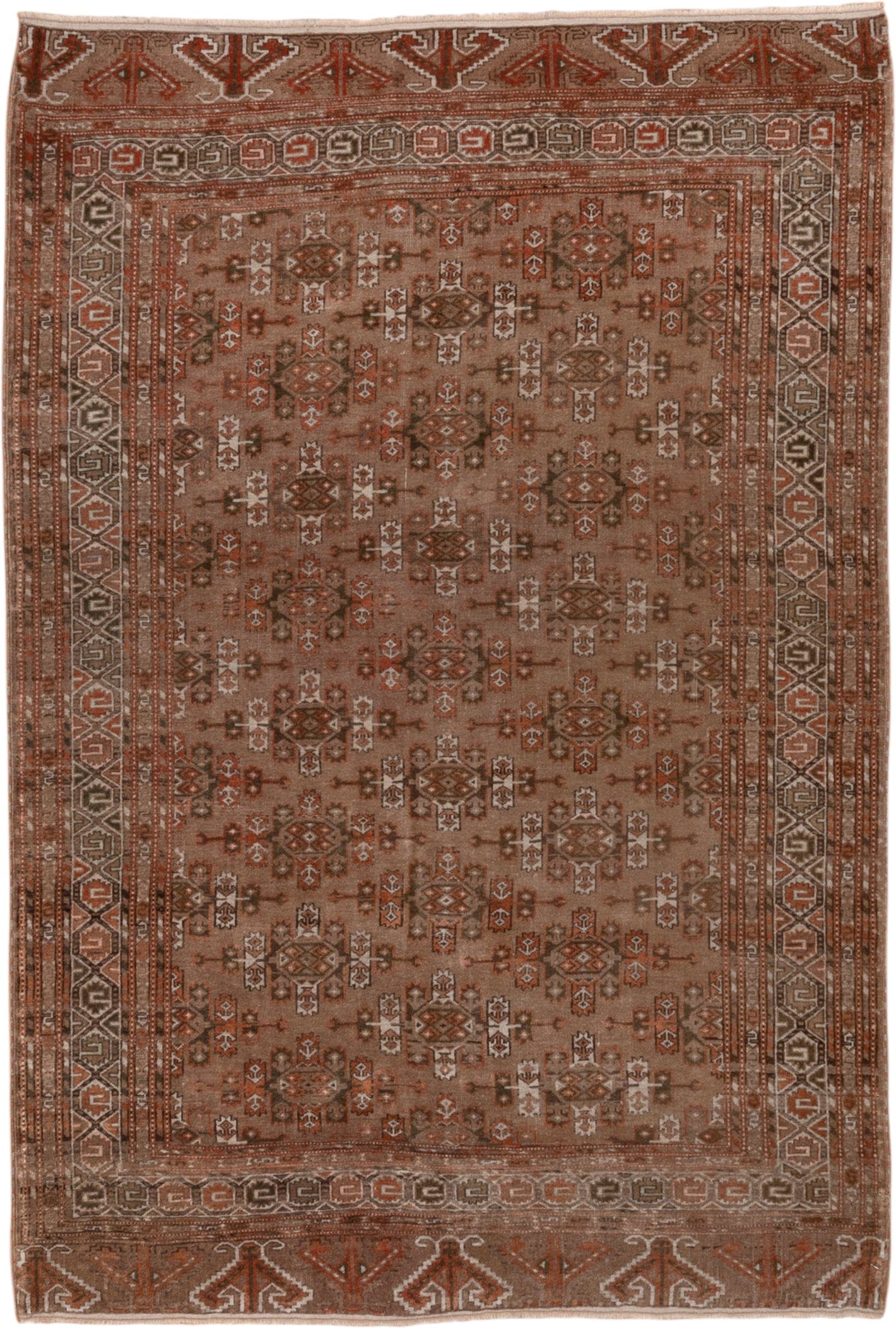 4' x 6' one-of-a-kind handmade antique Torkaman small size rug. Color palette: camel, brown, rust, ivory, taupe, beige