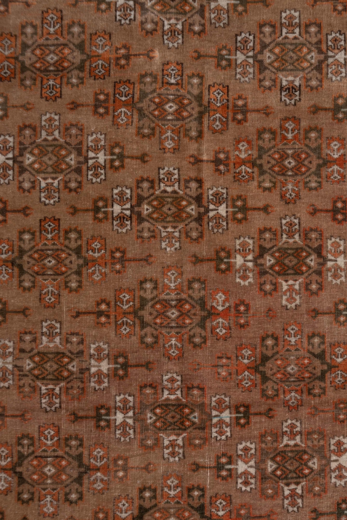 4' x 6' one-of-a-kind handmade antique Torkaman small size rug. Color palette: camel, brown, rust, ivory, taupe, beige