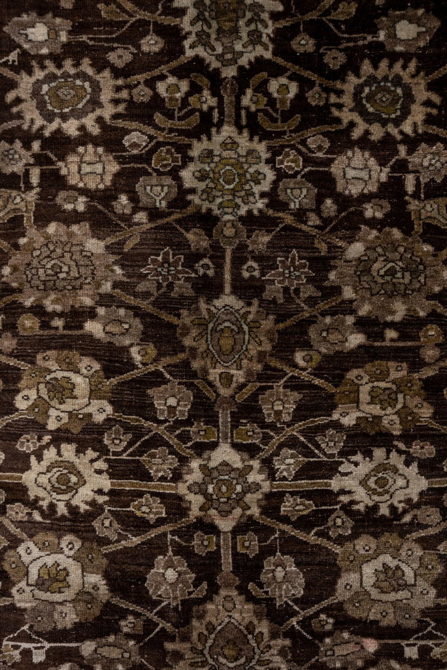 4' x 10' one-of-a-kind handmade antique Bidjar runner rug. Color palette: brown, taupe, ivory, charcoal, olive, beige, gray