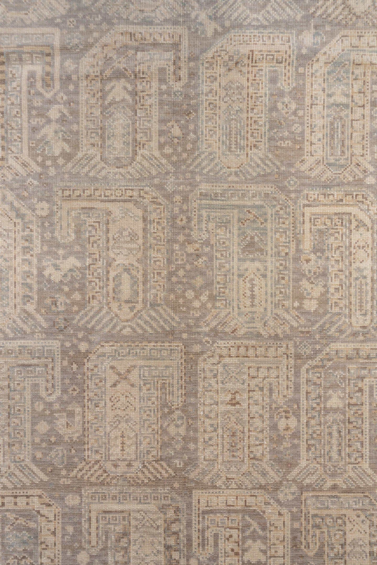 8' x 11' one-of-a-kind handmade antique Sivas large size rug. Color palette: taupe, ivory, beige, stone, pale blue, gray