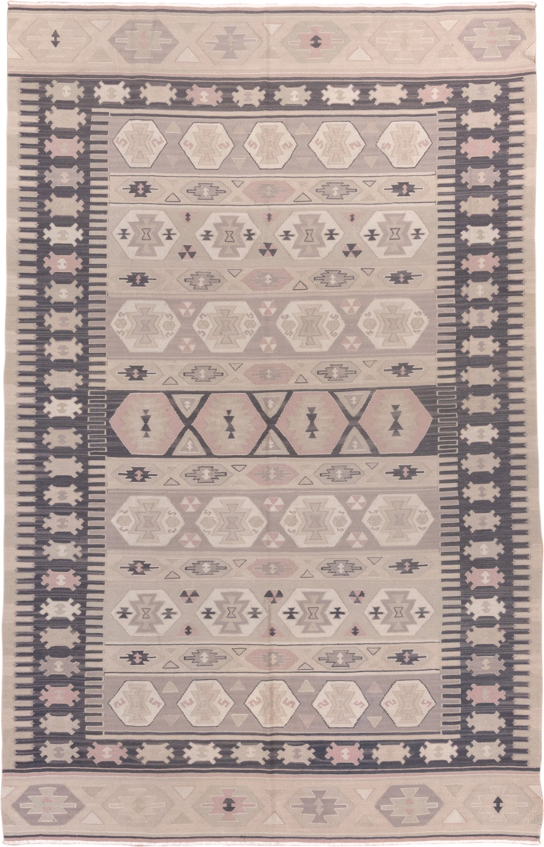 5' x 8' one-of-a-kind handmade antique Kilim medium size rug. Color palette: ivory, taupe, charcoal, blush, beige, soft pink