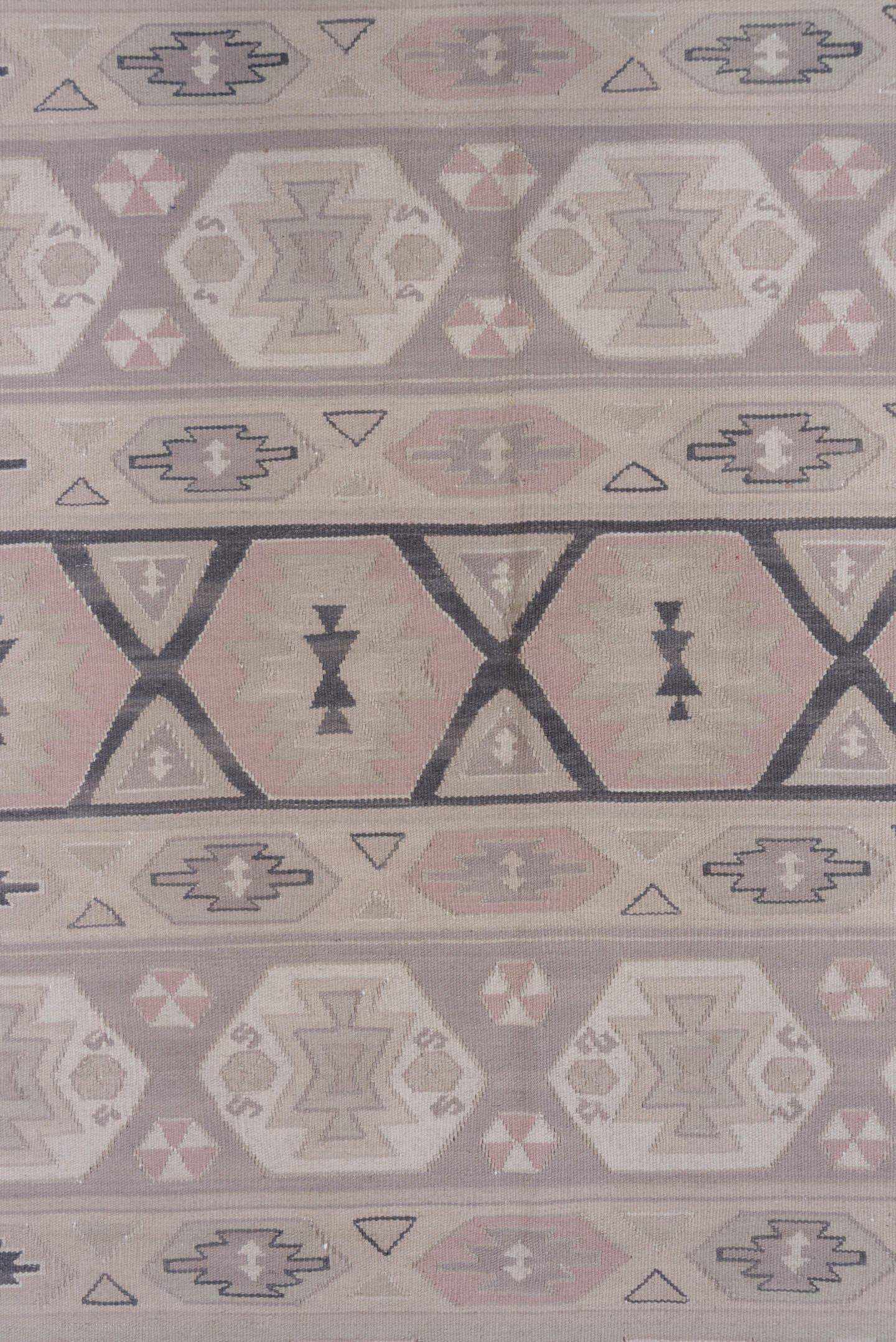 5' x 8' one-of-a-kind handmade antique Kilim medium size rug. Color palette: ivory, taupe, charcoal, blush, beige, soft pink