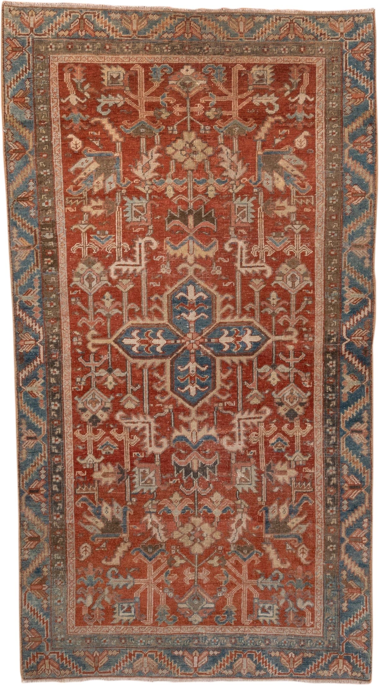 3' x 7' one-of-a-kind handmade antique Heriz rug. Color palette: rust, sky blue, ivory, taupe, slate, camel, charcoal