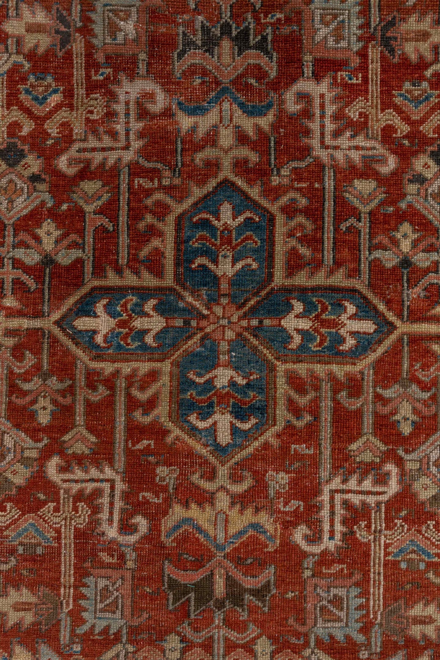 3' x 7' one-of-a-kind handmade antique Heriz rug. Color palette: rust, sky blue, ivory, taupe, slate, camel, charcoal