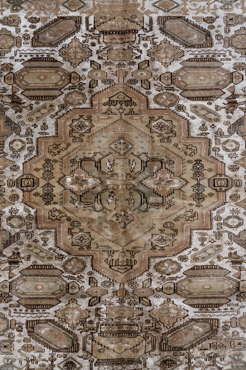 5' x 8' one-of-a-kind handmade antique Kaisary medium size rug. Color palette: taupe, ivory, brown, camel, beige, charcoal