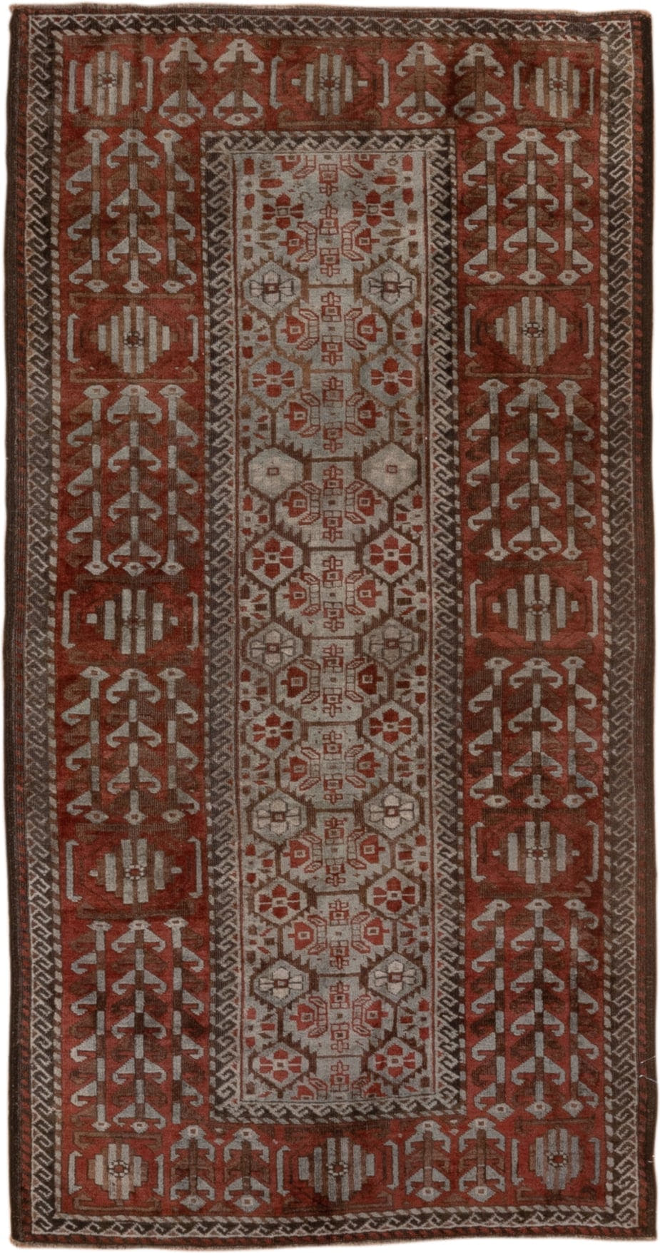 2' x 5' one-of-a-kind handmade antique Belouch small size rug. Color palette: rust, ivory, brown, camel, charcoal