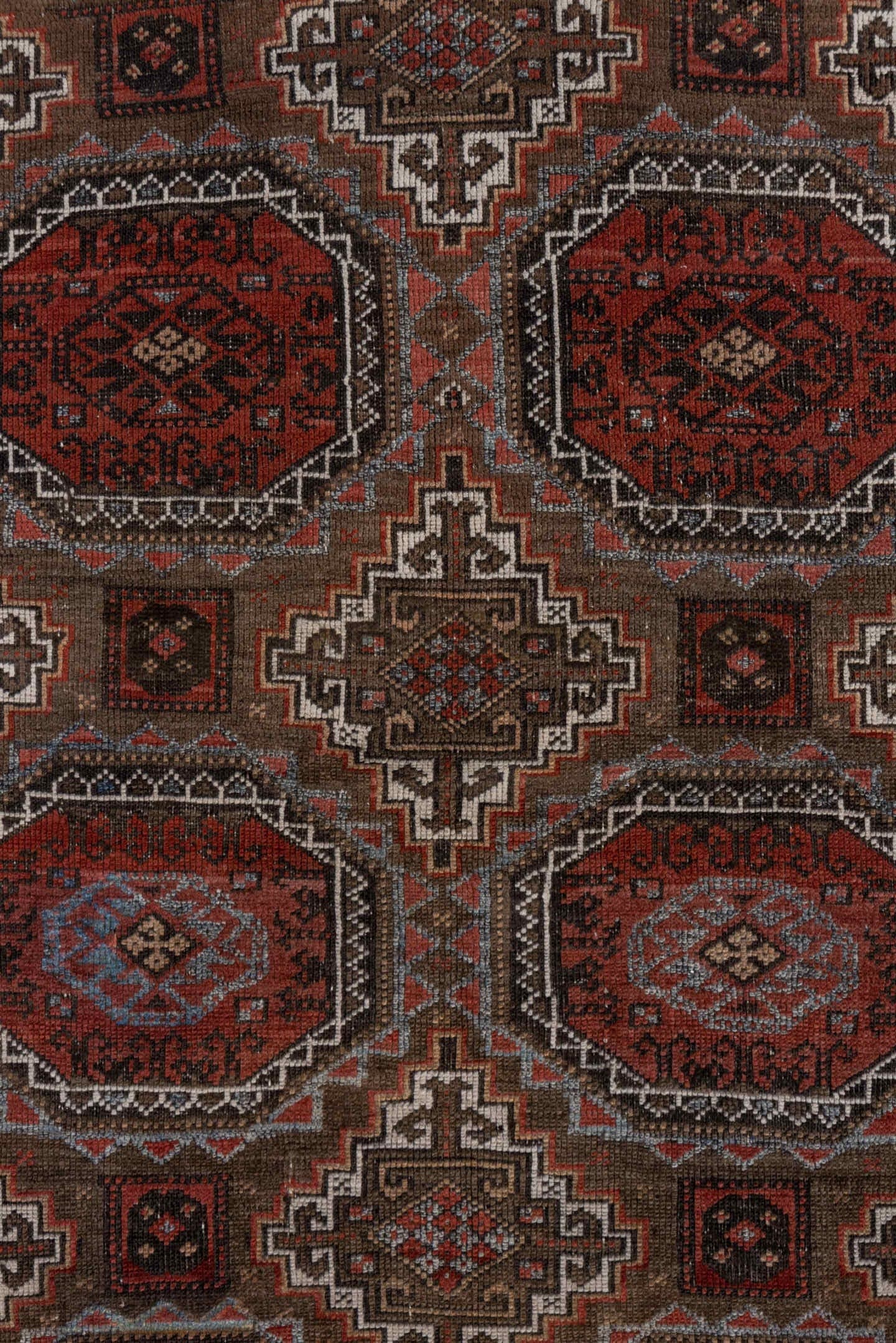 3' x 6' one-of-a-kind handmade vintage Belouch small size rug. Color palette: rust, brown, mahogany, ivory, charcoal, taupe