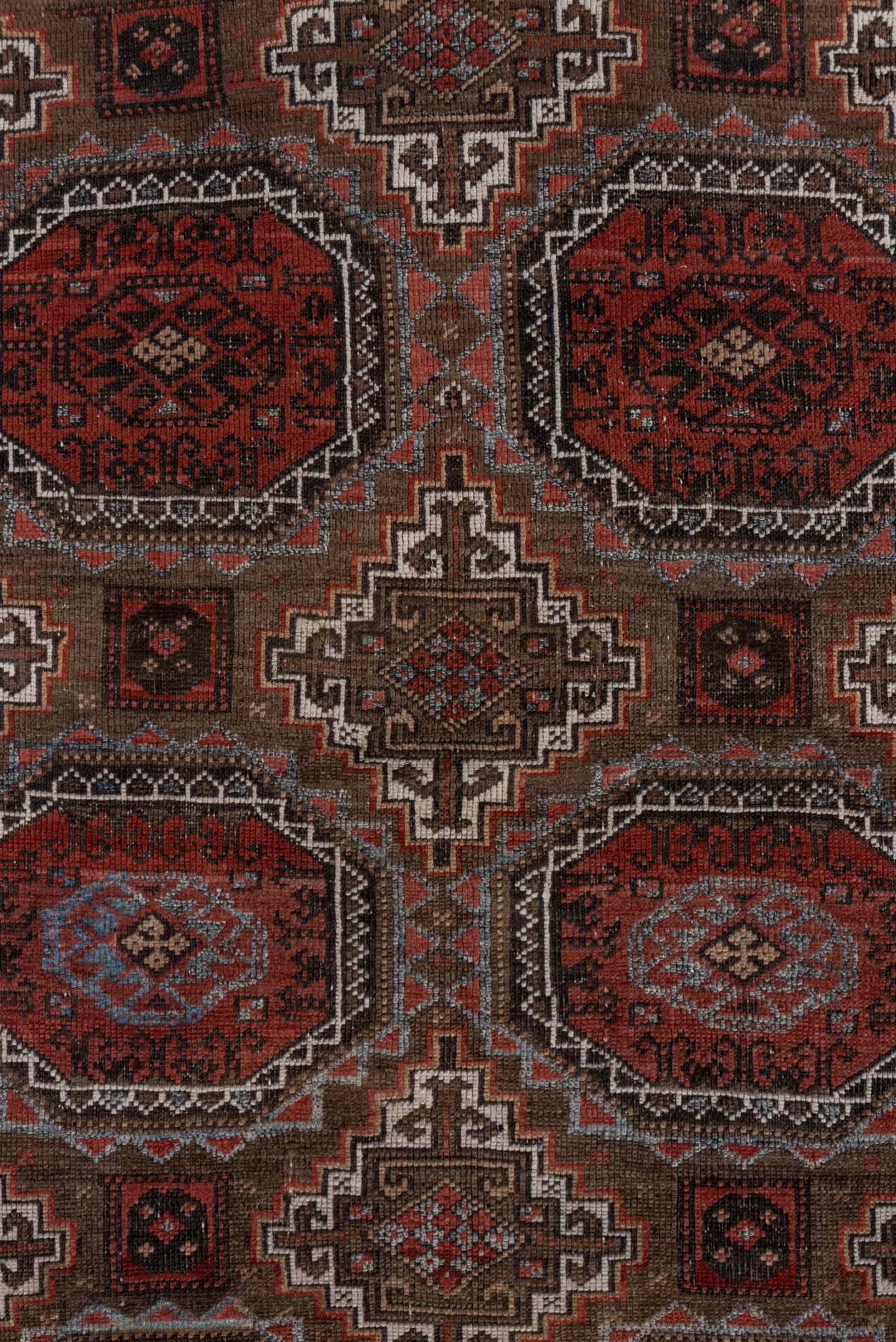 3' x 6' one-of-a-kind handmade vintage Belouch small size rug. Color palette: rust, brown, mahogany, ivory, charcoal, taupe