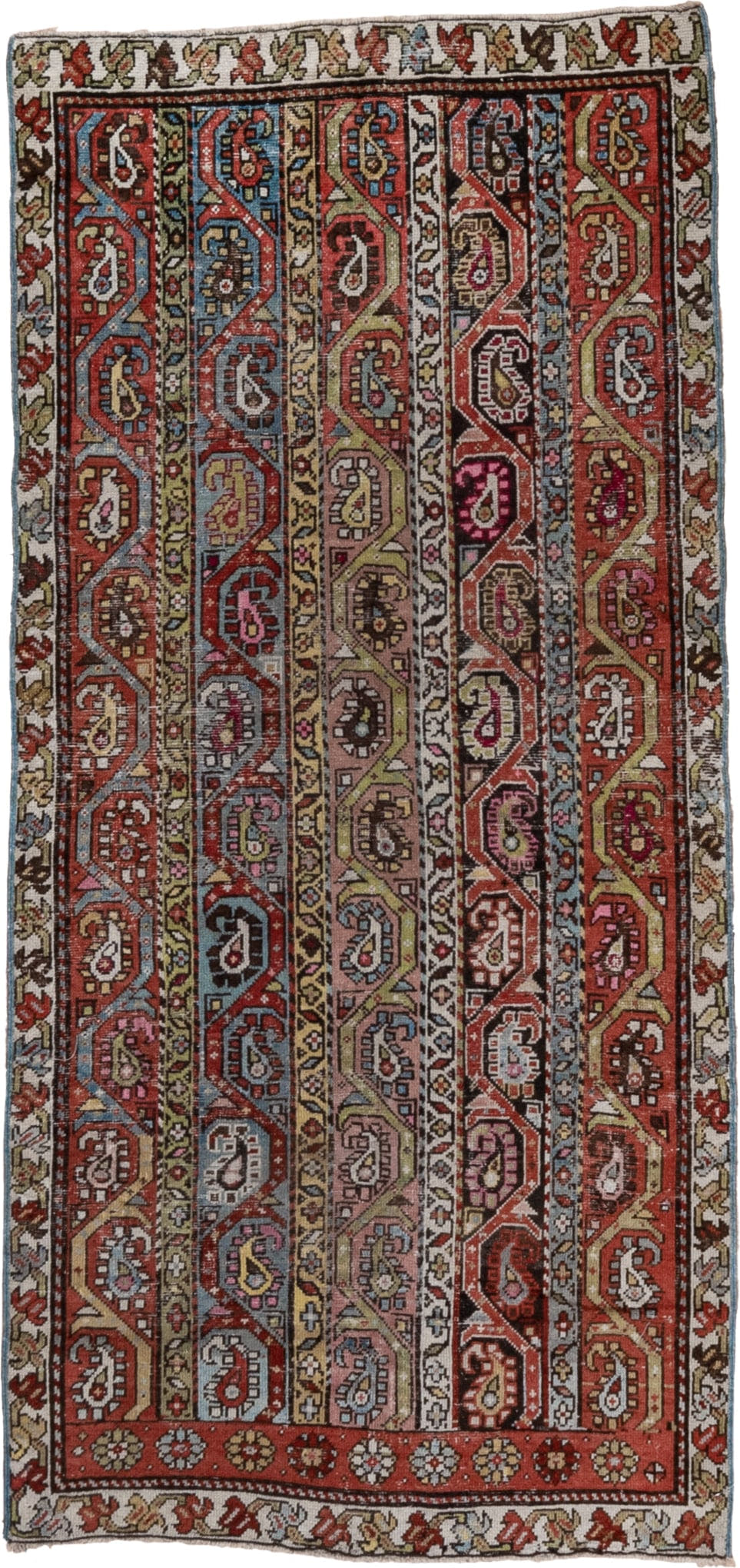 3' x 6' one-of-a-kind handmade antique Caucasian small size rug. Color palette: rust, ivory, camel, sky_blue, rose, slate