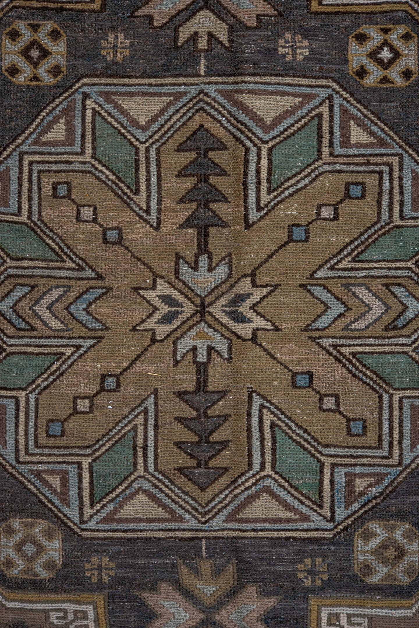 7' x 11' one-of-a-kind handmade antique Sumak large size rug. Color palette: taupe, brown, sky_blue, ivory, camel, charcoal