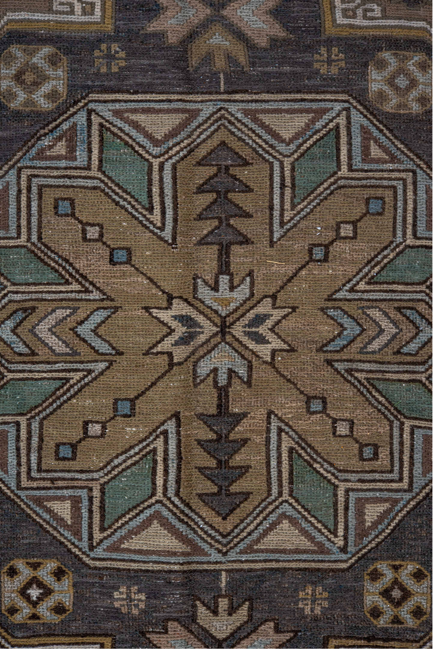 7' x 11' one-of-a-kind handmade antique Sumak large size rug. Color palette: taupe, brown, sky_blue, ivory, camel, charcoal