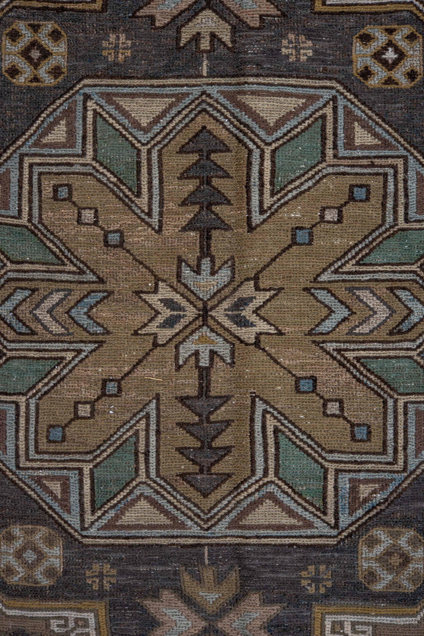 7' x 11' one-of-a-kind handmade antique Sumak large size rug. Color palette: taupe, brown, sky_blue, ivory, camel, charcoal
